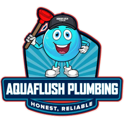 Cartoon blue water droplet character wearing a black cap holding a red plunger, with text 'AQUAFLUSH PLUMBING' and 'HONEST, RELIABLE'.