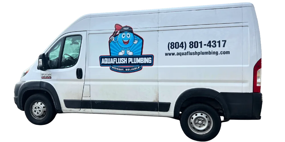 White Aquaflush Plumbing van with logo featuring a smiling blue water drop holding a wrench, company phone number, and website.