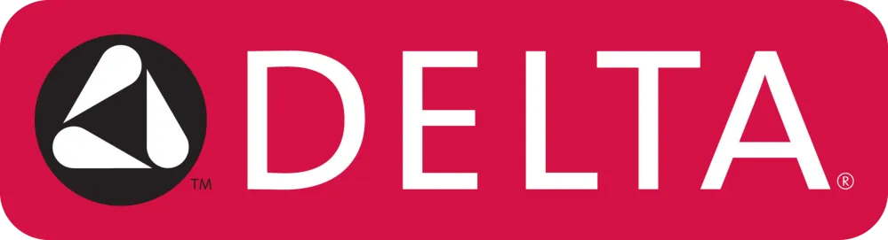 Delta brand logo with a red background and white text beside a black circle containing a white triangular design.