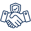 Outline of two hands shaking beneath a shield with a checkmark, symbolizing honesty and trust.