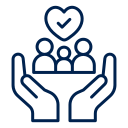 Icon of two hands holding a group of three people with a heart above them representing care and support.