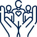Illustration of two hands holding three people icons, symbolizing family and care.