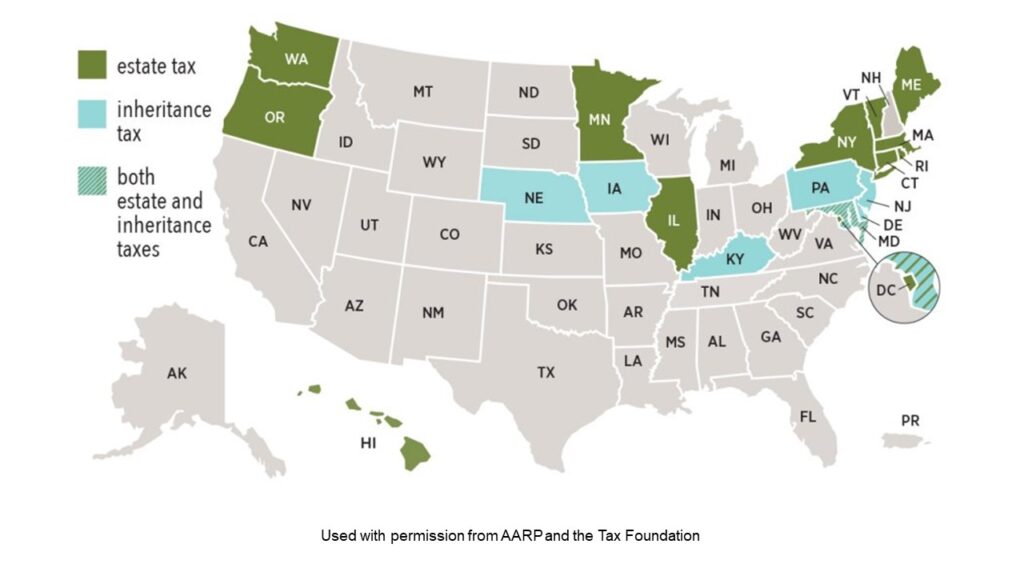 Map showing states with estate and inheritance taxes where ilits could be a good strategy