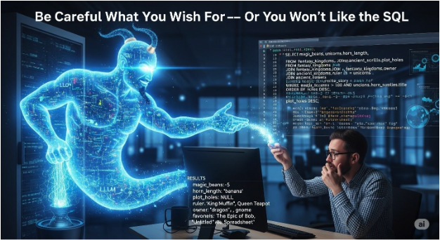 A person at a computer with a glowing blue light from their hand, symbolizing AI-generated SQL risks.