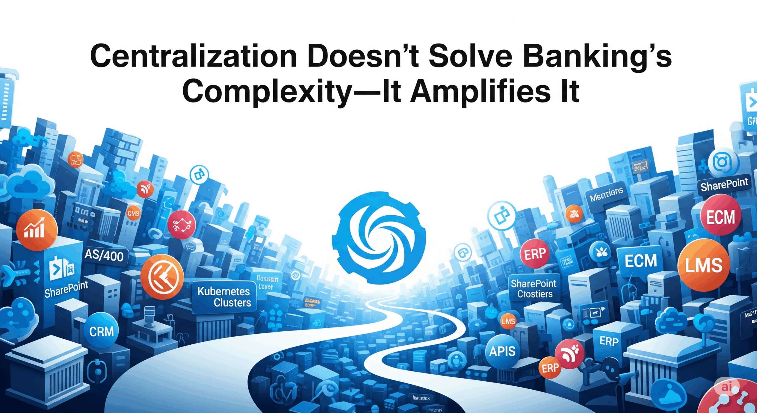 Illustration of a digital banking landscape overwhelmed by systems like ERP, LMS, CRM, and APIs, with centralization symbol increasing chaos