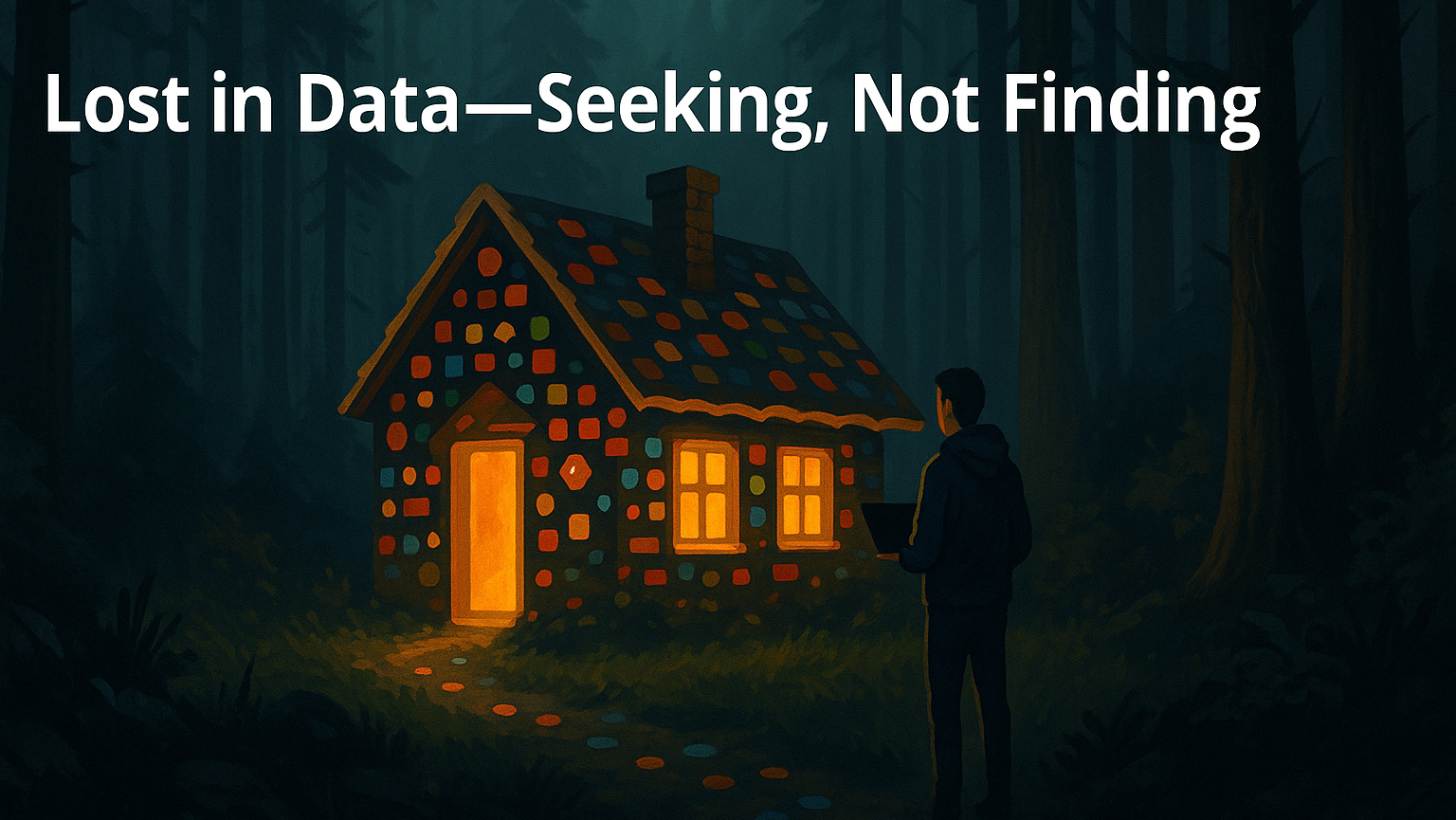 A data scientist stands in front of a glowing house made of data icons, deep in a dark forest, representing the challenge of navigating complex enterprise data environments.