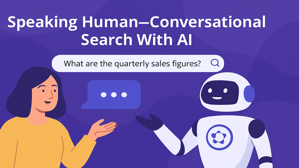 Illustration of a woman and AI robot engaging in a friendly conversation, representing natural language search with SWIRL