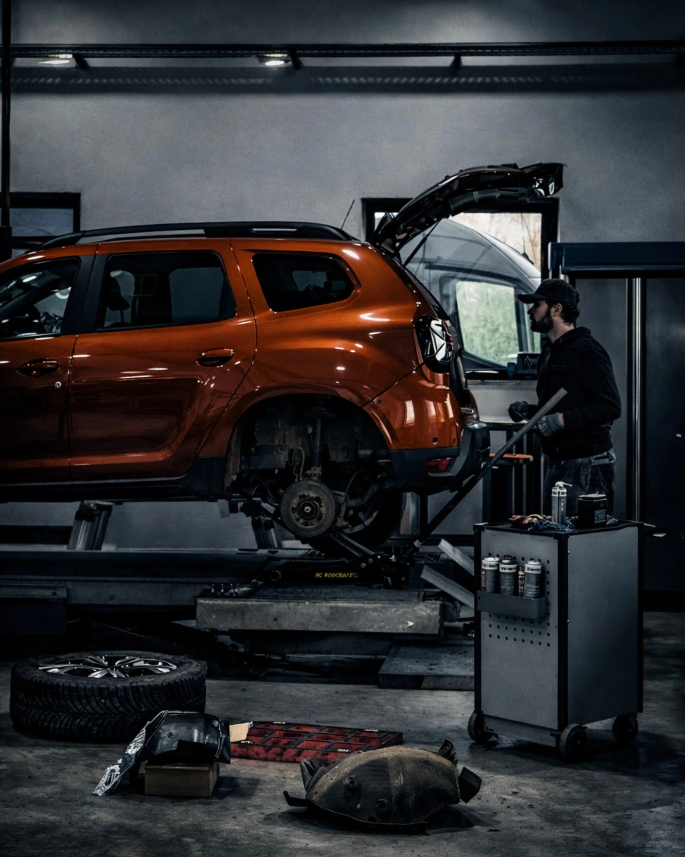 Mann repariert orangenes Auto ohne Hinterrad in einer Werkstatt neben Werkzeugwagen.