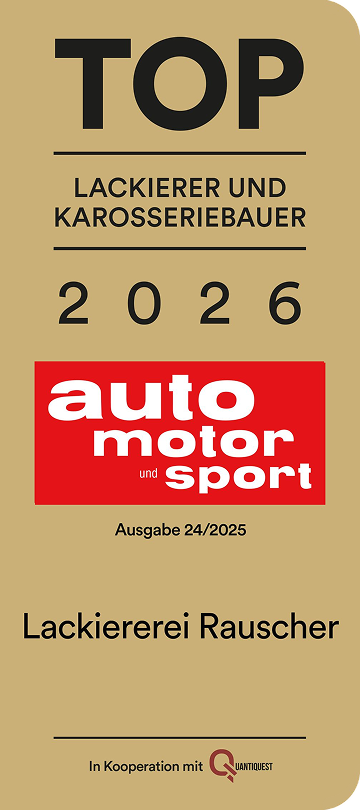 Siegel zeigt Lackiererei Rauscher als Top Lackierer und Karosseriebauer 2026 in auto motor und sport.