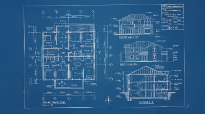 Architectural blueprint of a building floor plan and elevations used for permitting a steel building in Maine.