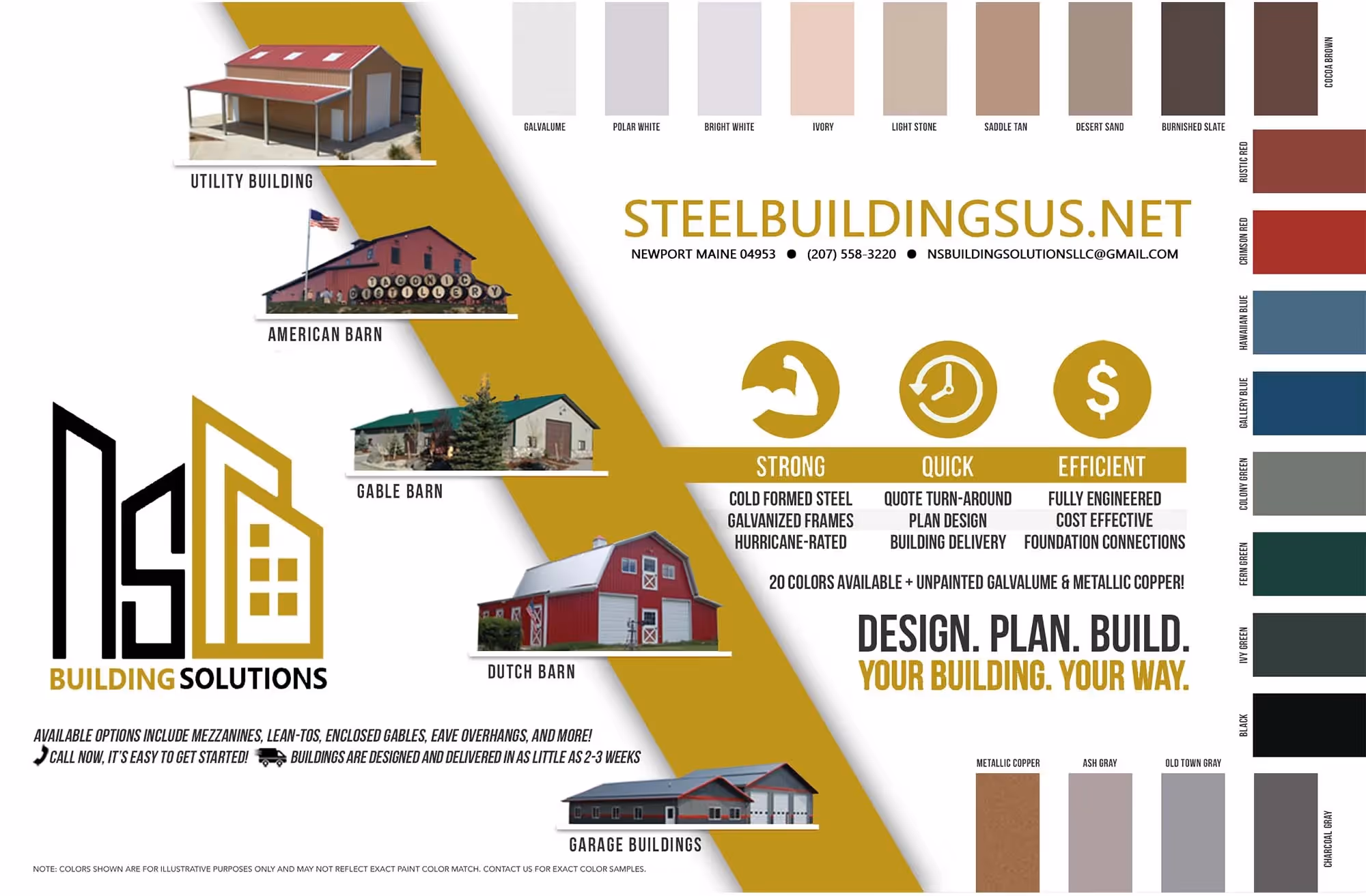 Brochure showing steel building kit styles including utility, barn, and garage buildings with color options.