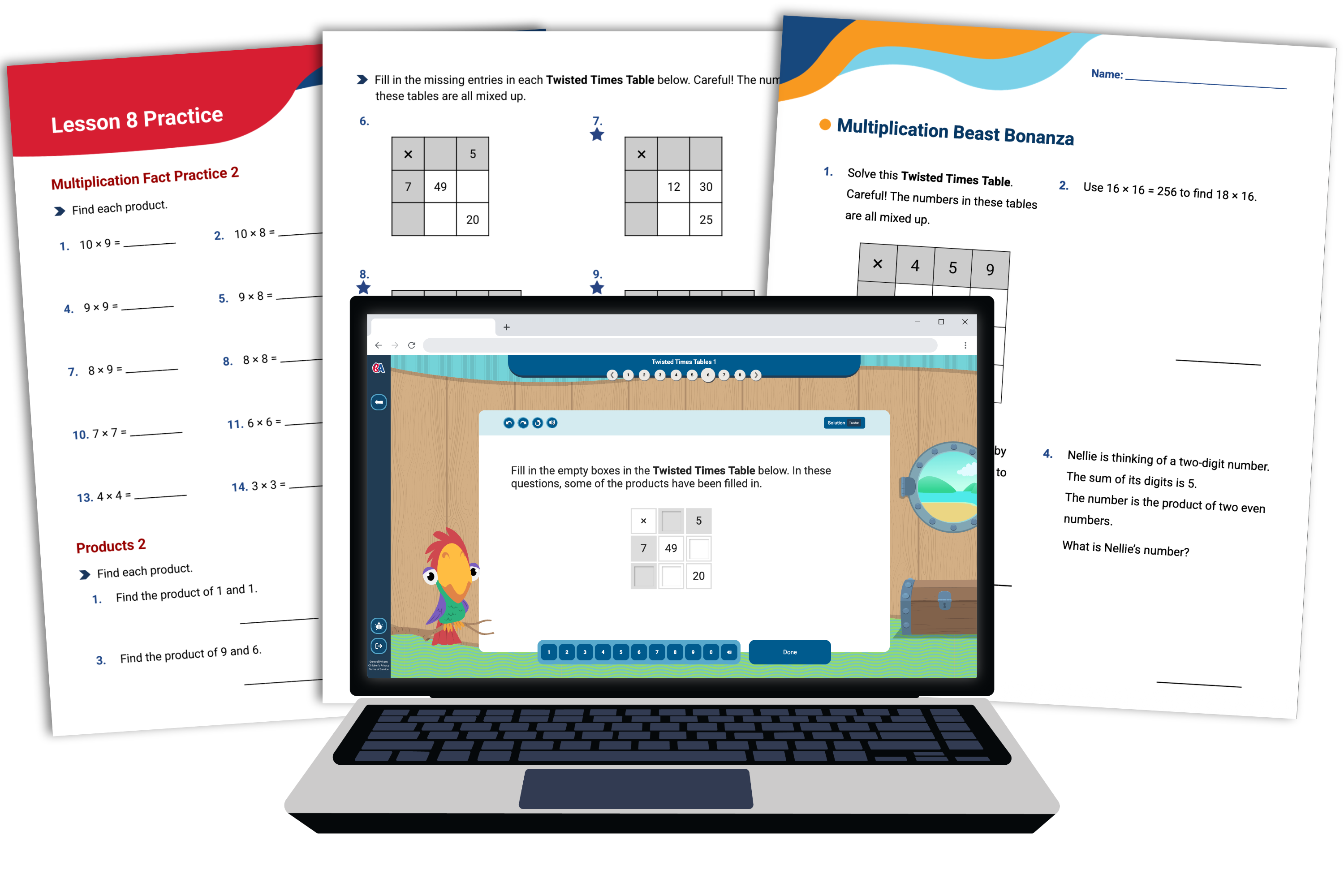 Beast Classroom Core curriculum materials for students, including an online practice portal, paper workbook, and challenge test section.