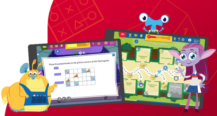 Various Beast Classroom characters surrounding screenshots of the online Enrichment platform.