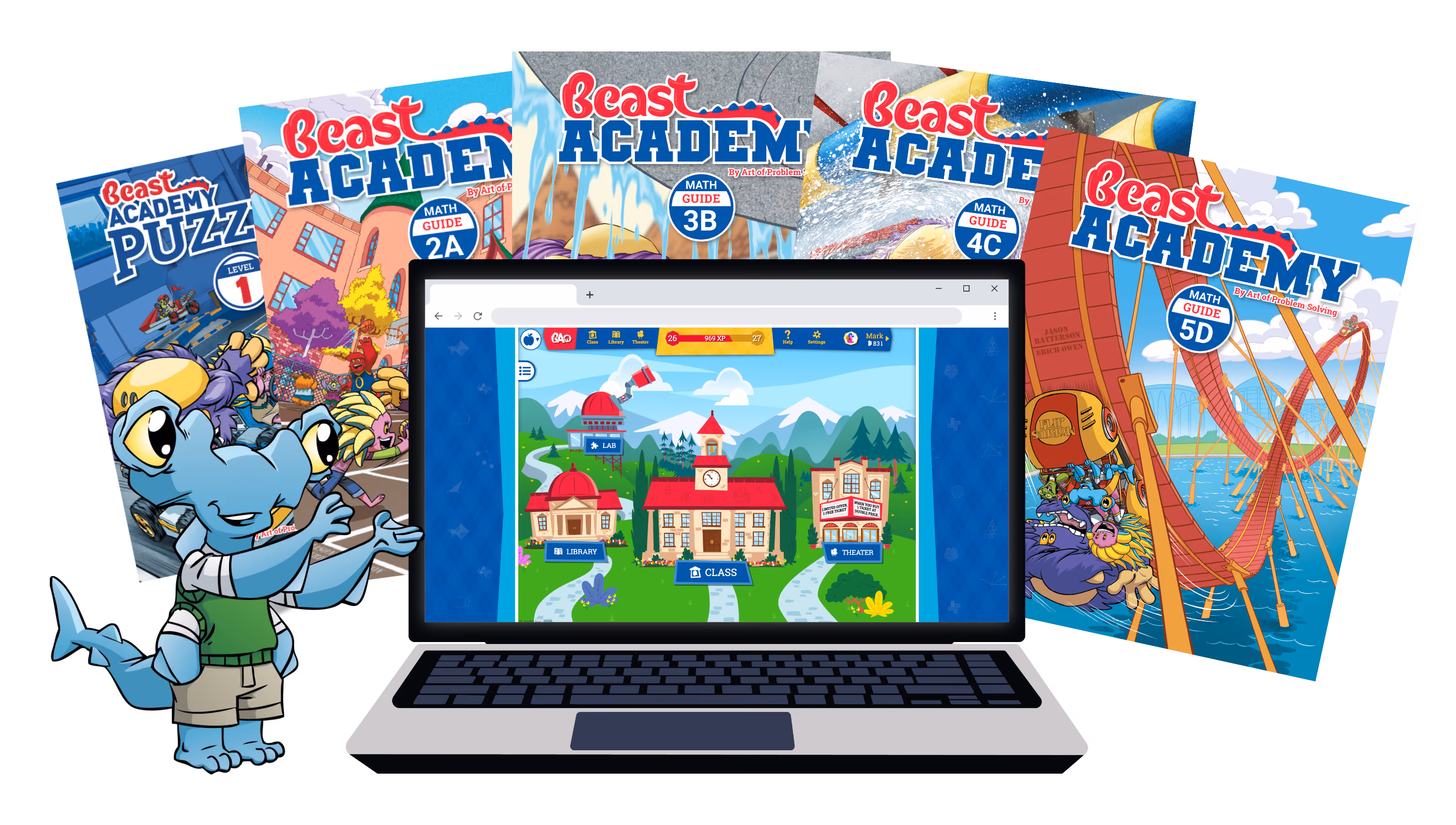 Beast Classroom Enrichment curriculum showing the online program and books, presented by character Alex.