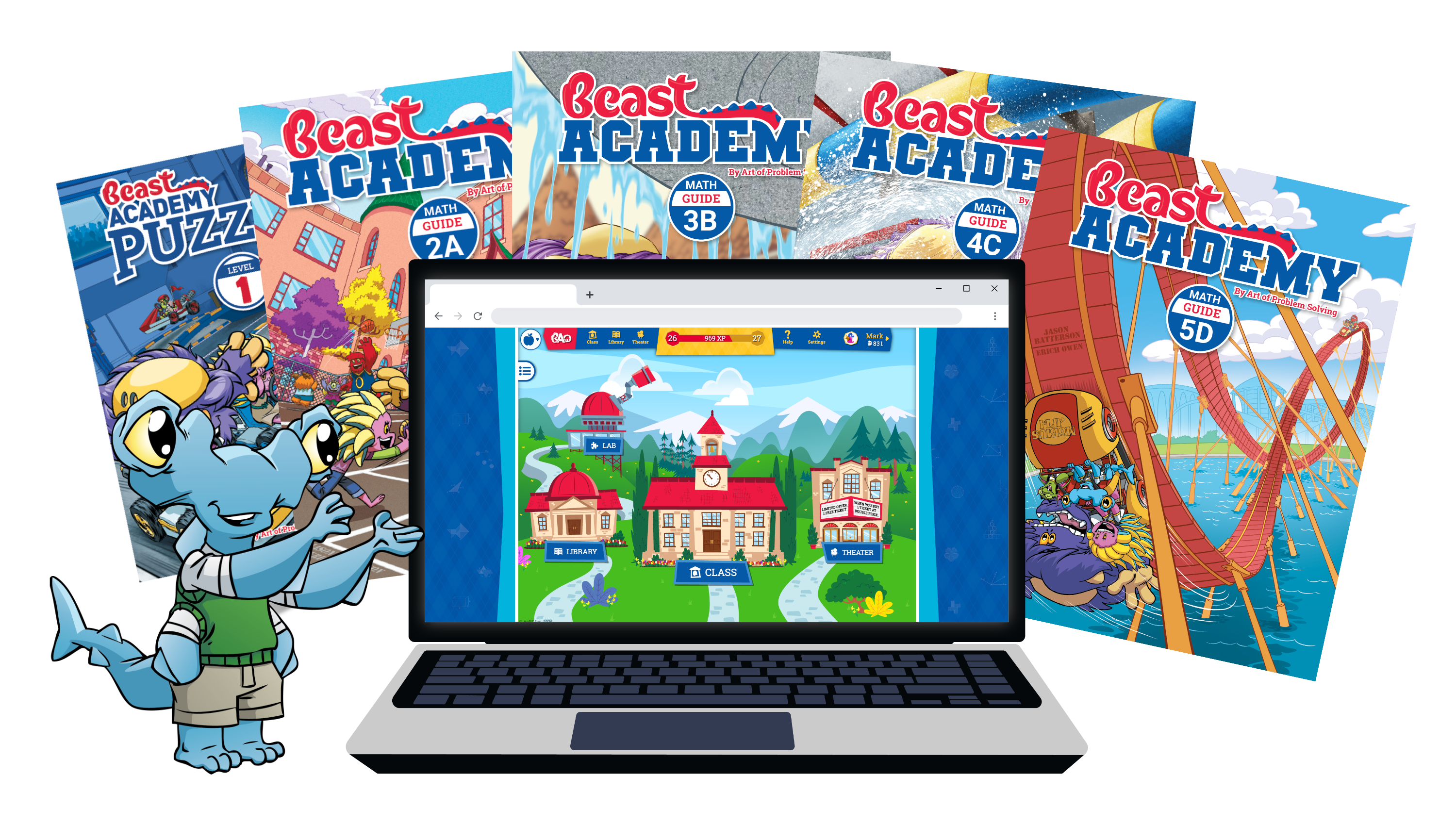 Beast Classroom Enrichment curriculum showing the online program and books, presented by character Alex.