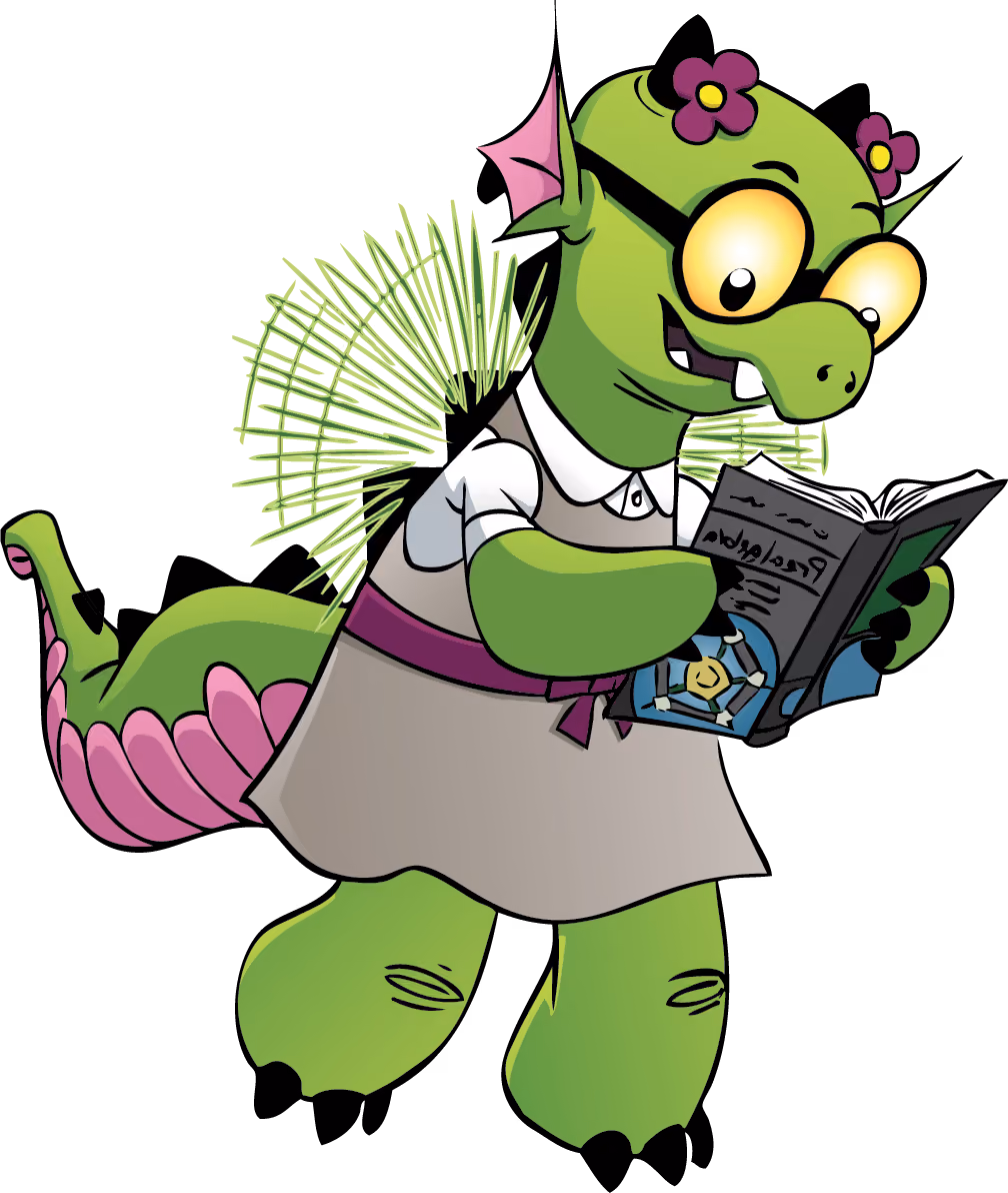 Beast Classroom character Lizzie, a green flying monster, reading a book.