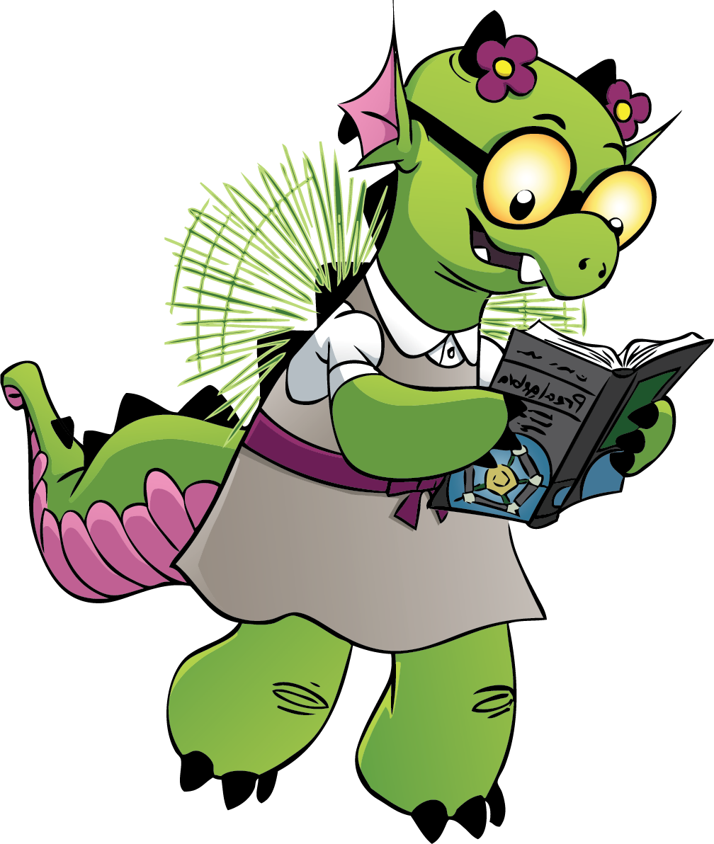 Beast Classroom character Lizzie, a green flying monster, reading a book.