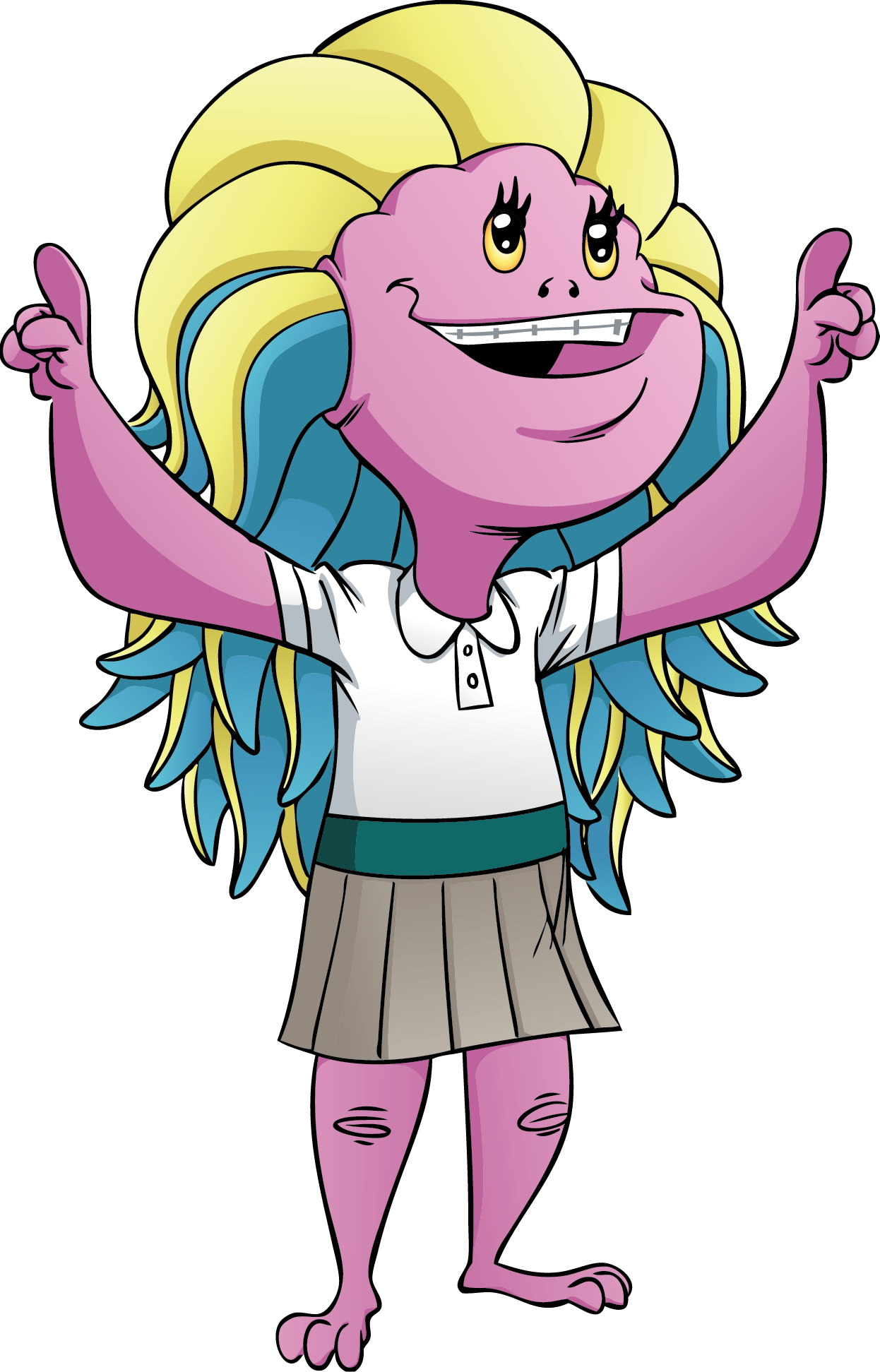 Beast Classroom character Winnie, a pink monster, holding her arms up.