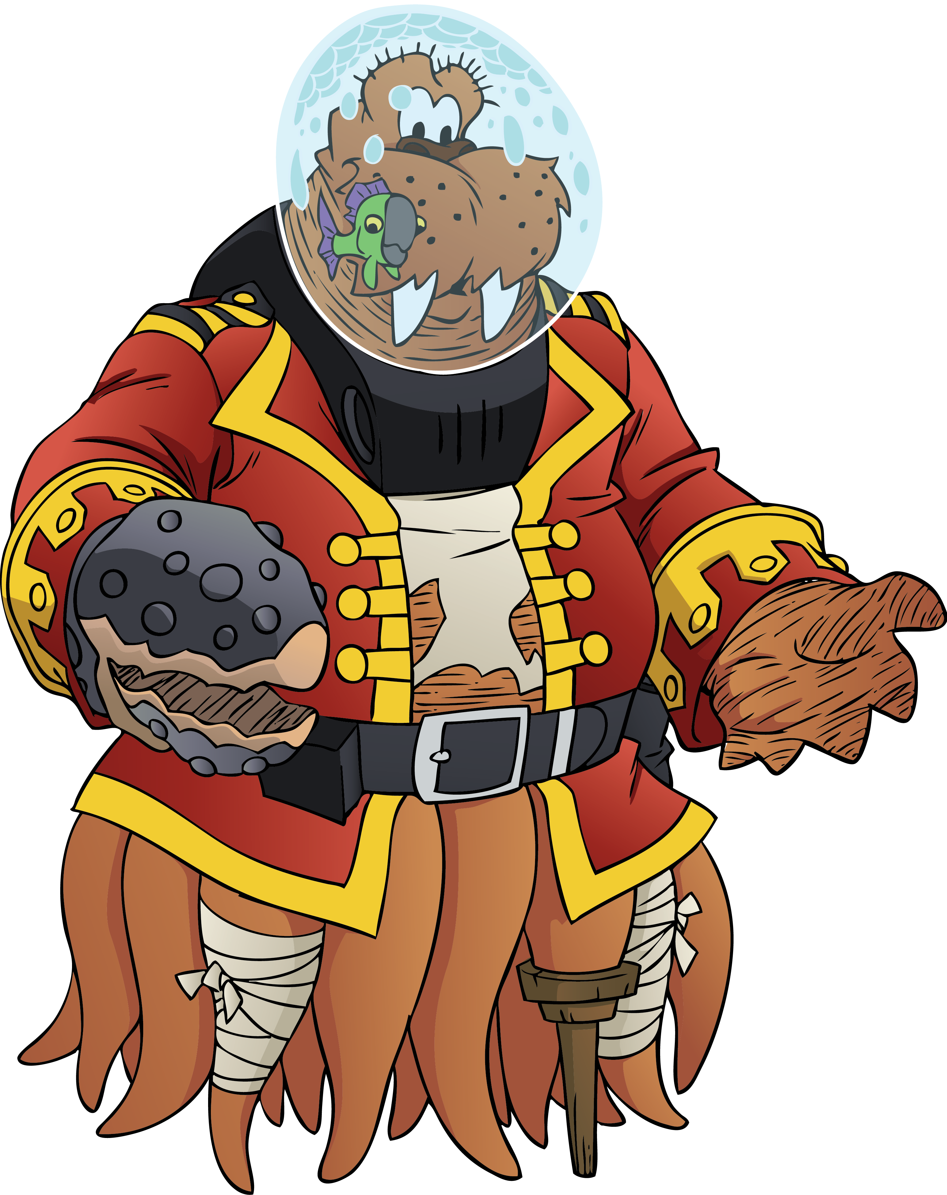 Beast Classroom character Kraken, a tall cross of a walrus and squid wearing a fishbowl.
