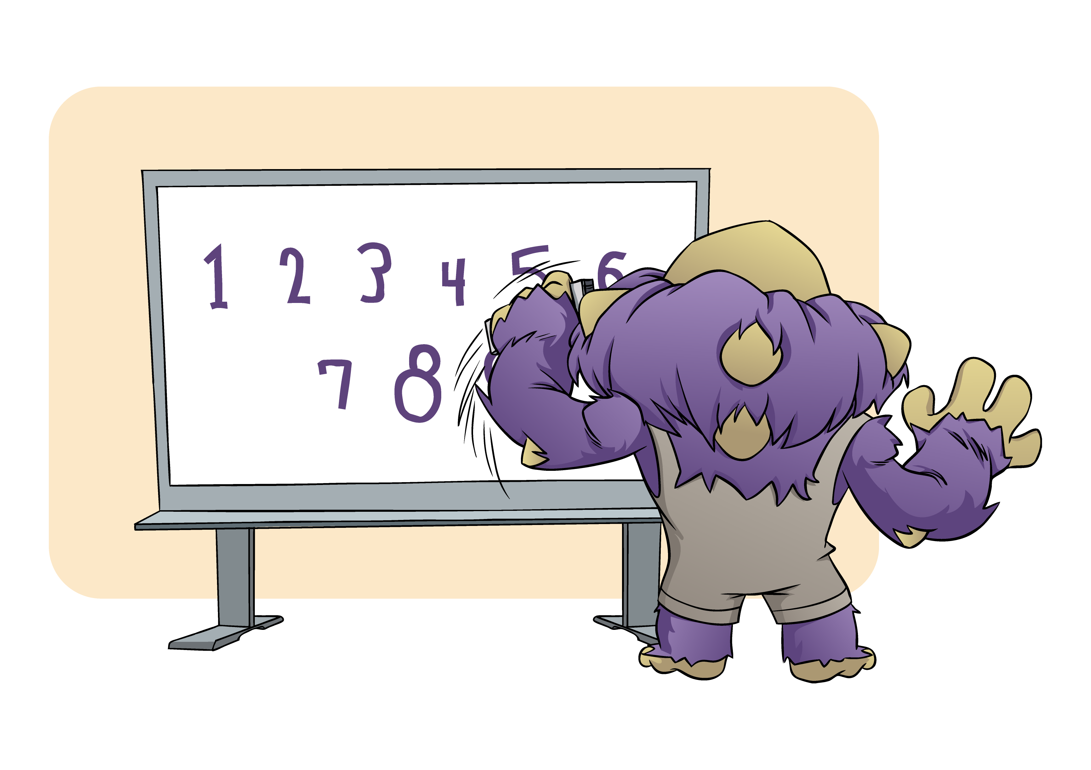 Beast Classroom character Grogg, a purple monster, drawing on a whiteboard.
