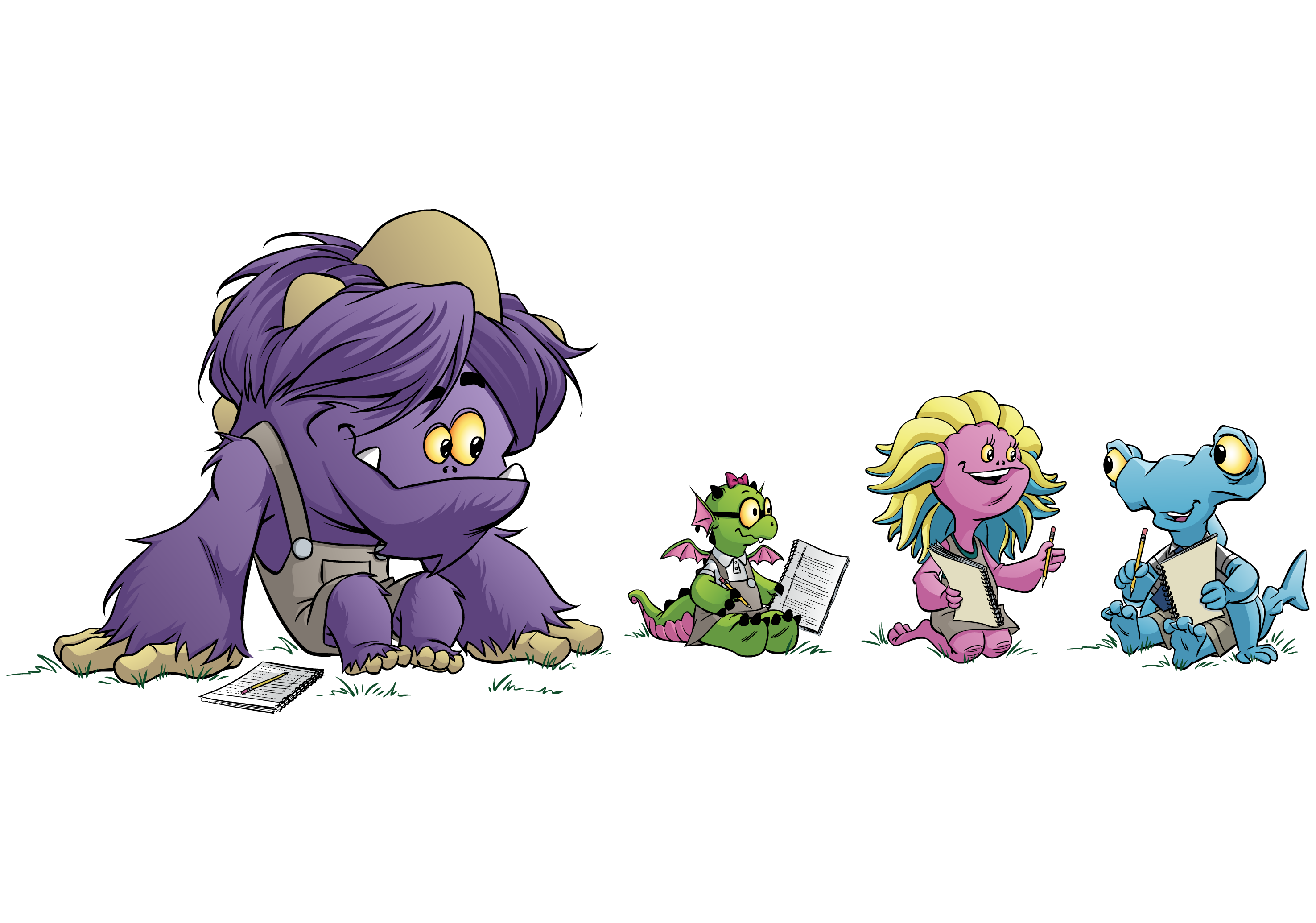 Beast Classroom characters in their "digital" form, with papers in front of them.