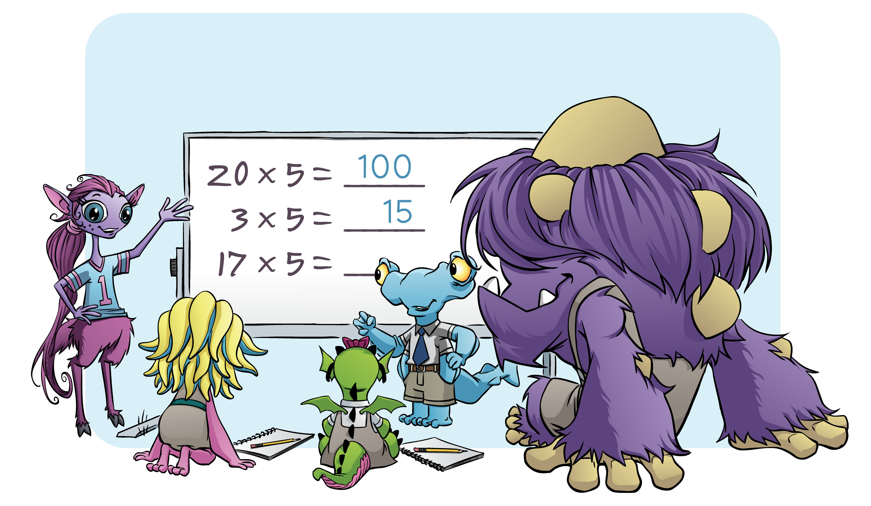 Beast Classroom students and a teacher working out a problem on a whiteboard.