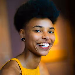 Smiling person with afro hairstyle, wearing a yellow sleeveless top and facial piercings, with a blurred background.
