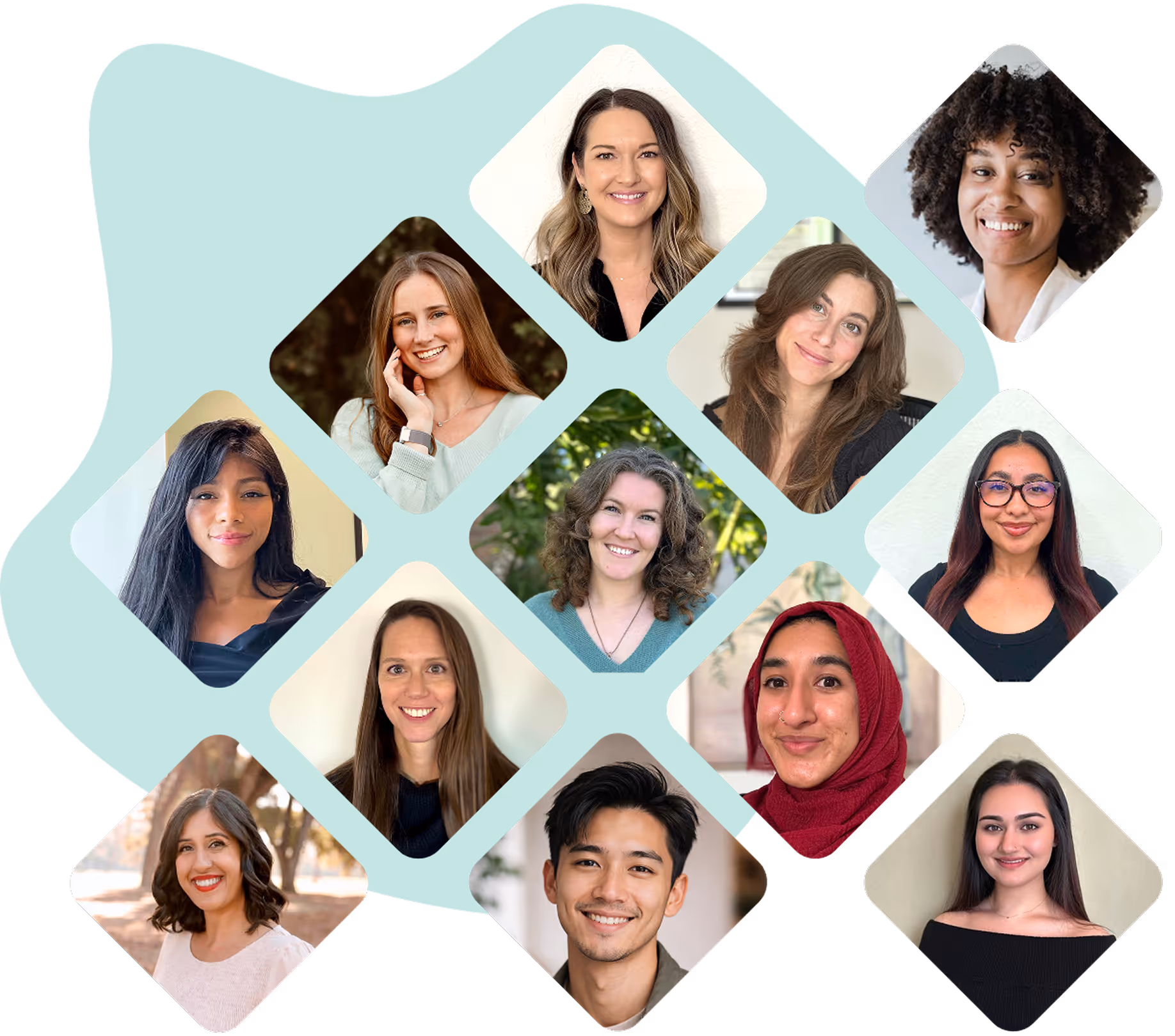 Collage of twelve diverse people smiling, arranged in rotated square frames on a teal abstract shape.