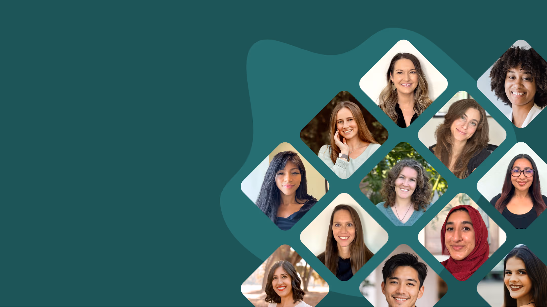 Smiling diverse group of people arranged in diamond-shaped frames over a teal background.