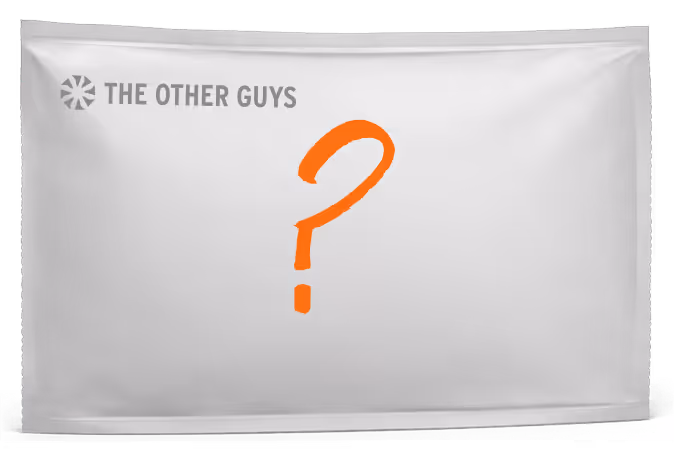 White flag with gray text 'THE OTHER GUYS' and a large orange question mark in the center.