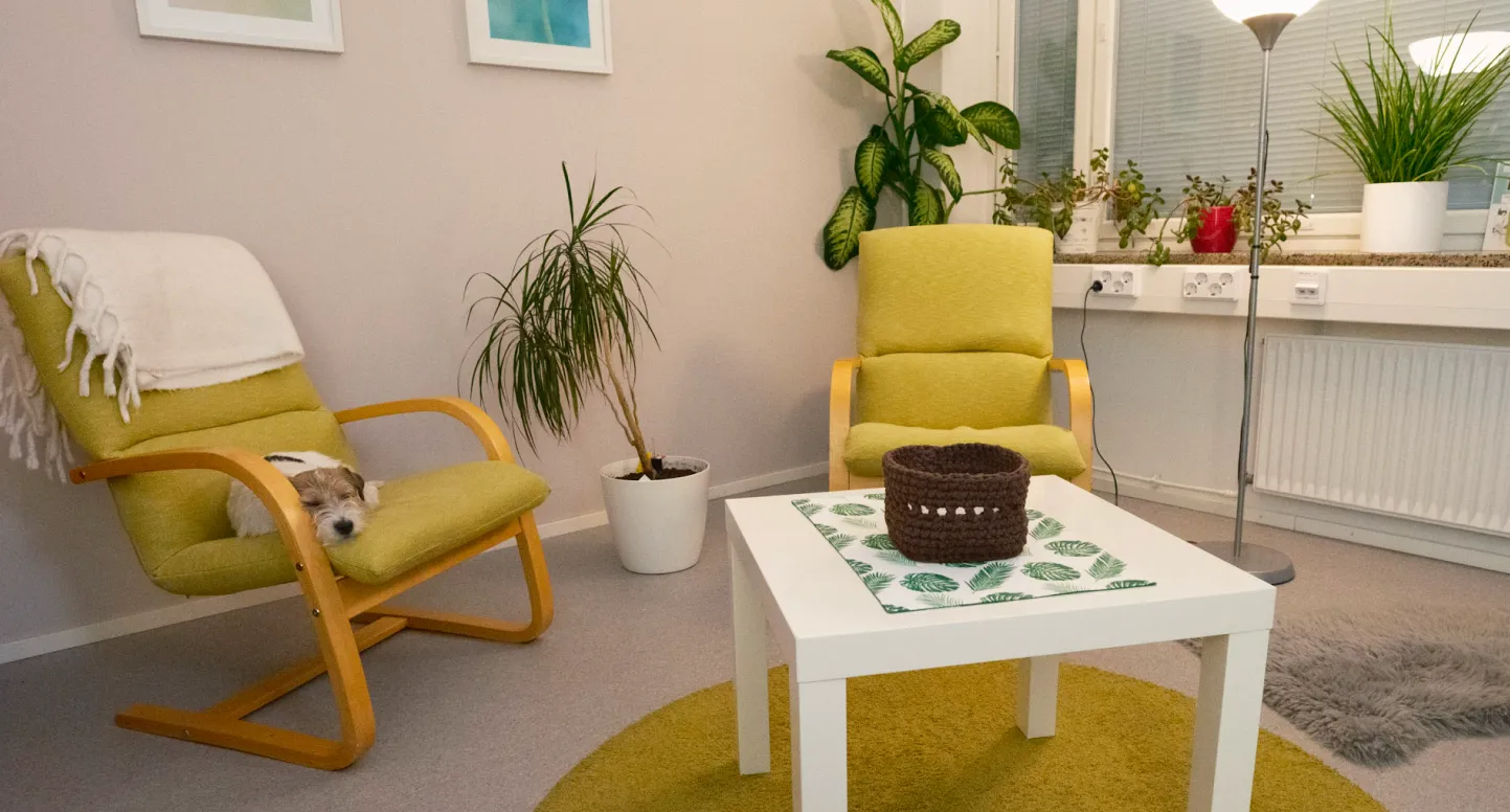 Cozy room with two yellow armchairs, a small white table with a brown knitted basket, a sleeping dog on one chair, green plants, and a floor lamp.