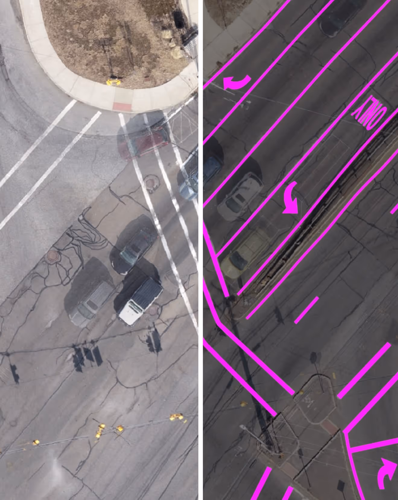 Split image of road highlighting lines on pavement