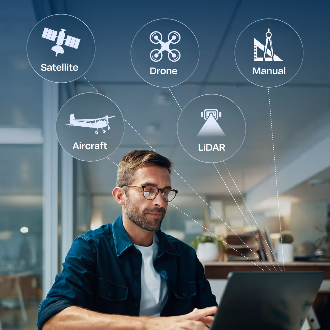 Man surrounded by icons of data points