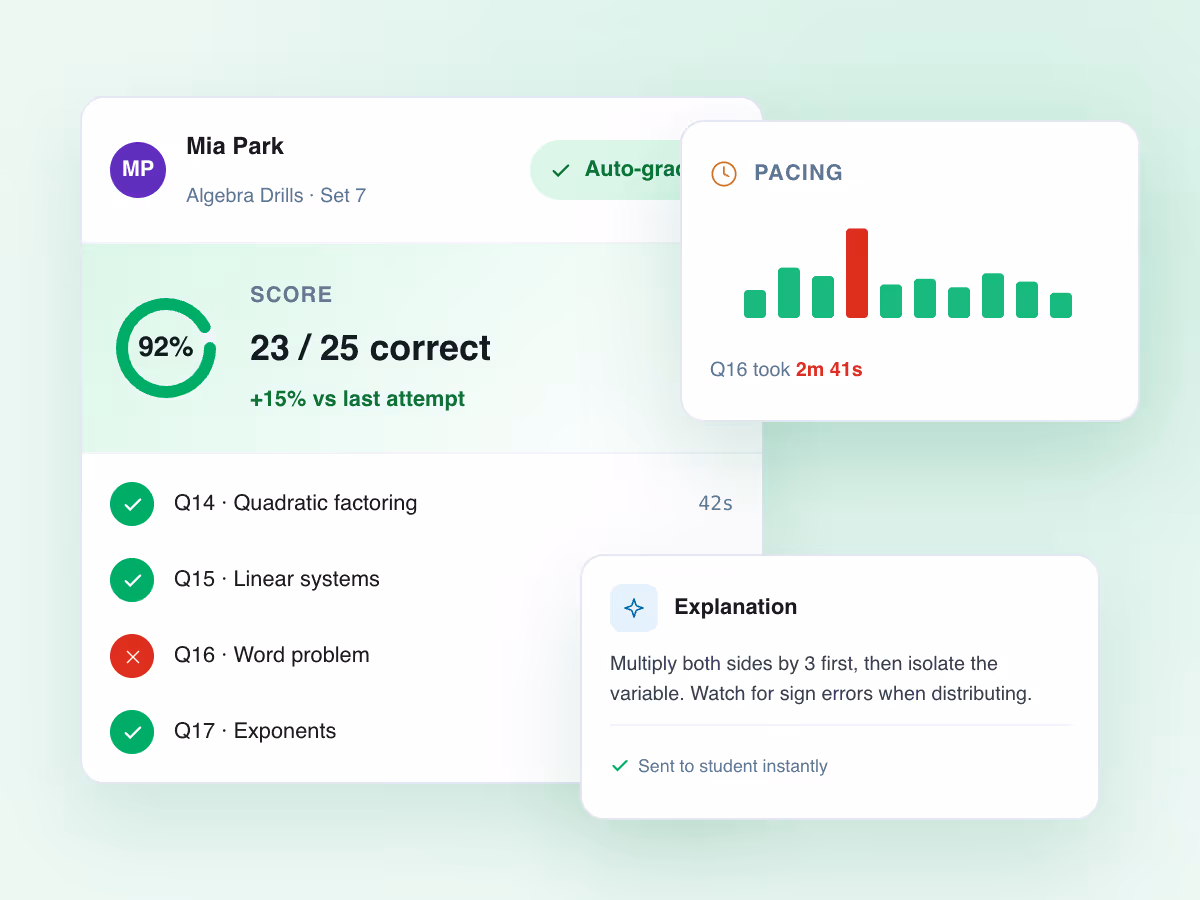 StudySpaces autograded assignment view - student responses scored automatically with answer explanations