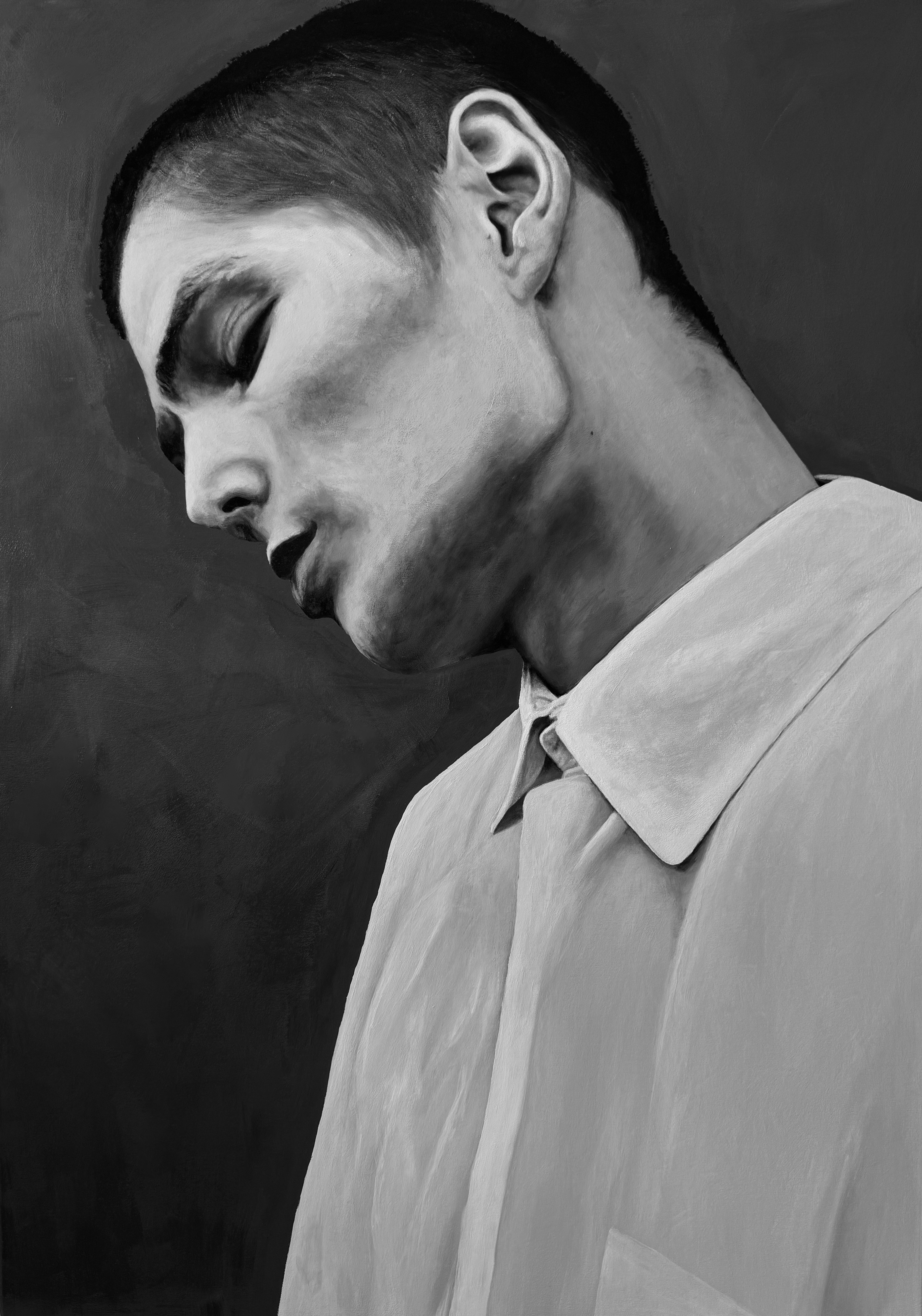 Black and white portrait of a man with eyes closed, head tilted down, wearing a collared shirt.