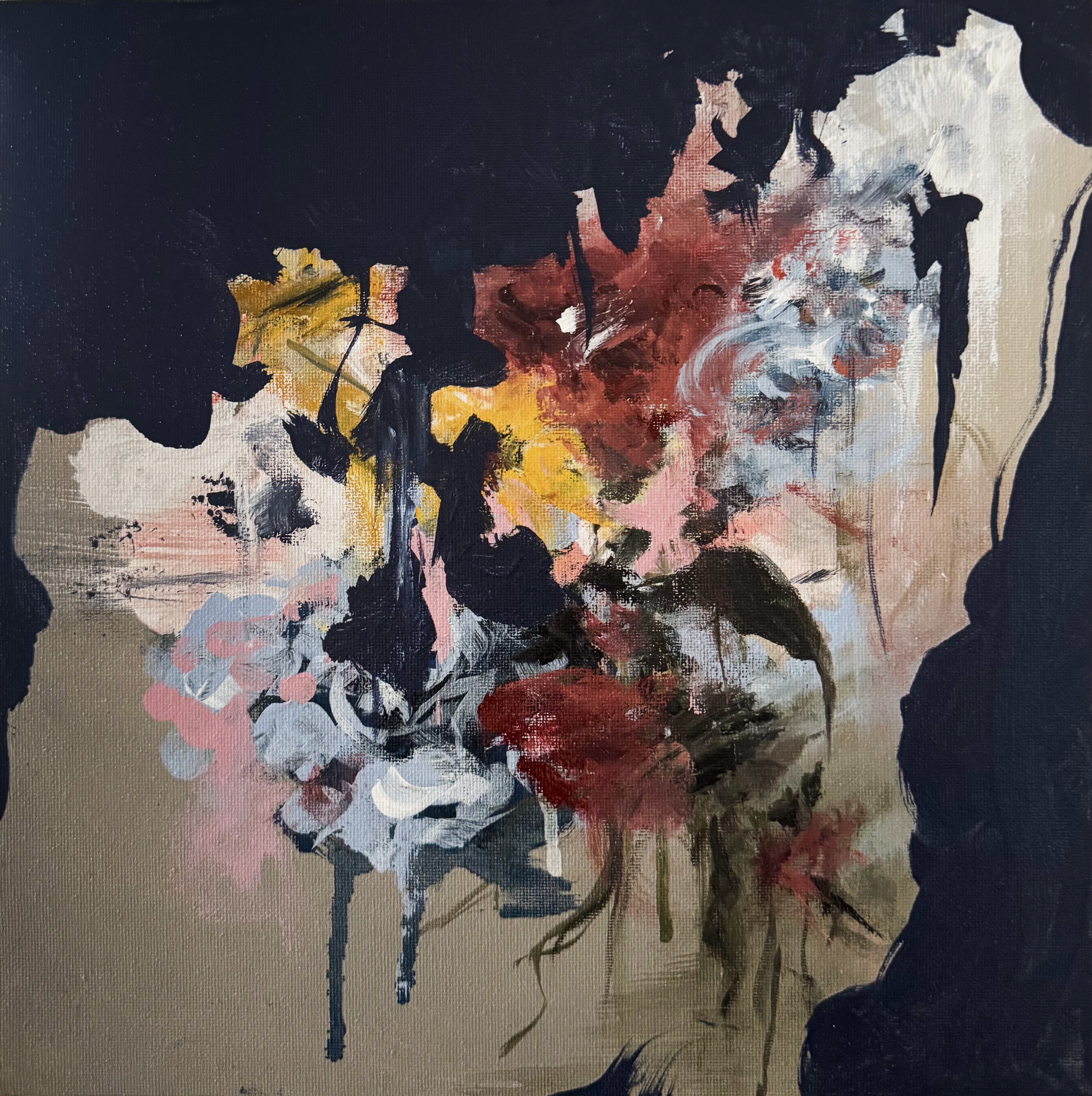 Abstract painting with dark edges featuring splashes of red, yellow, white, and blue on beige background.