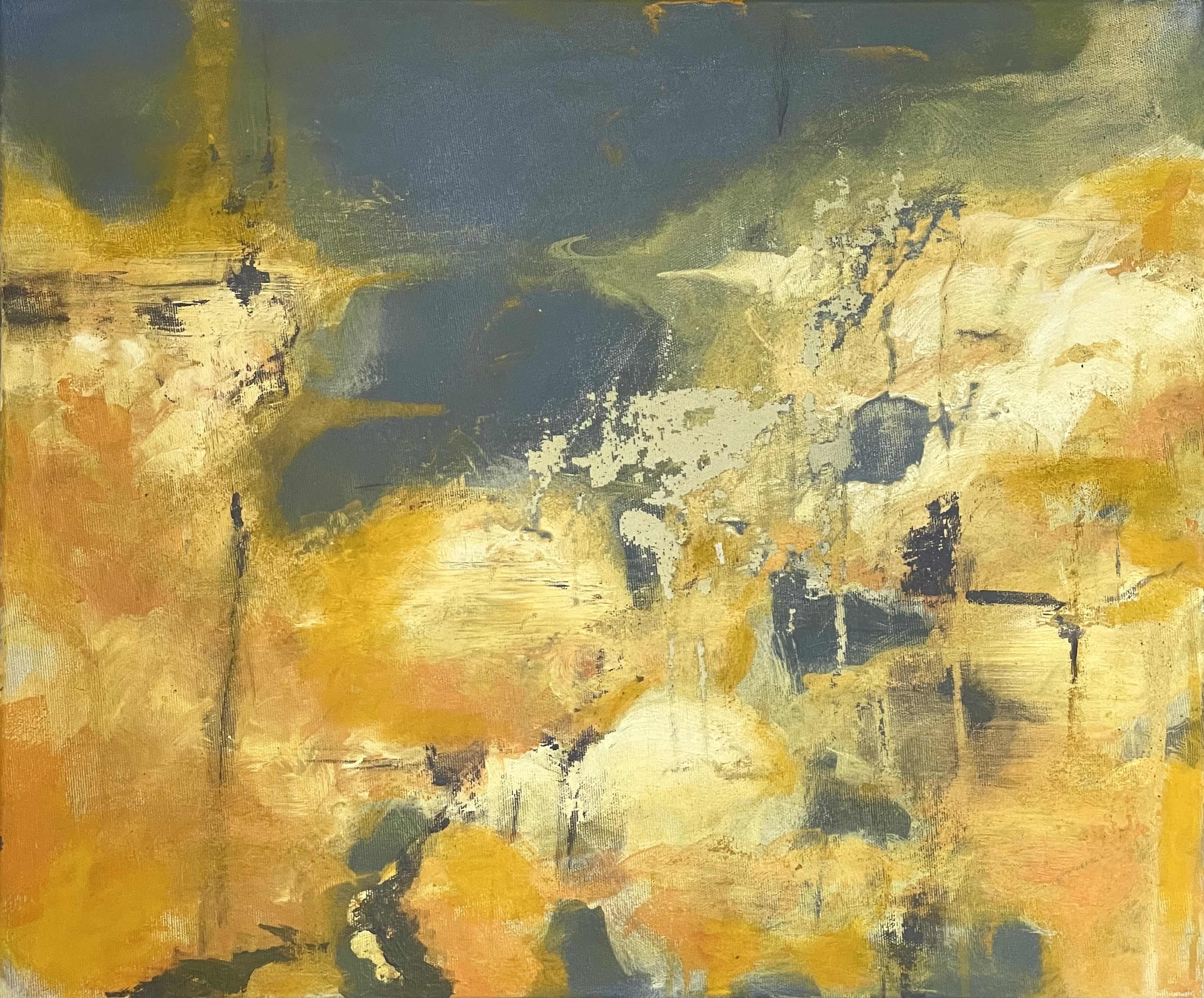 Abstract painting with yellow, orange, beige, and gray brushstrokes blending in a textured composition.