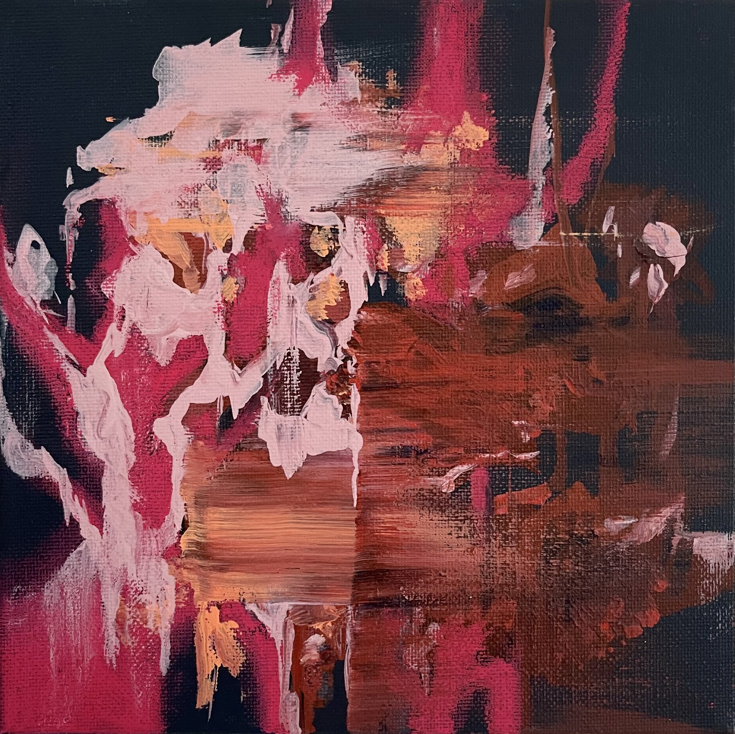 Abstract painting with bold red, brown, pink, and orange brushstrokes on a dark background.