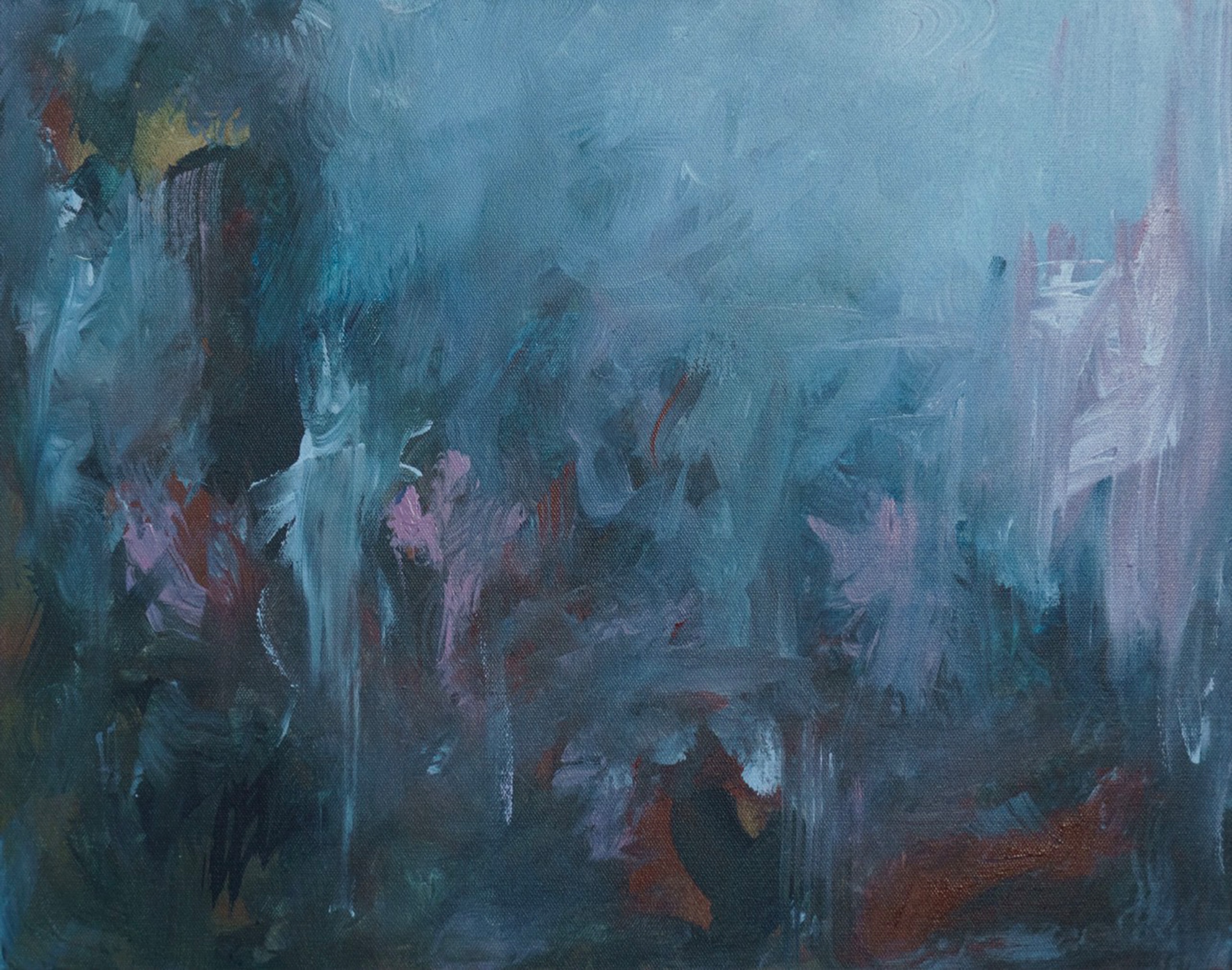Abstract painting with dark blue, purple, and red brushstrokes creating a misty, textured effect.