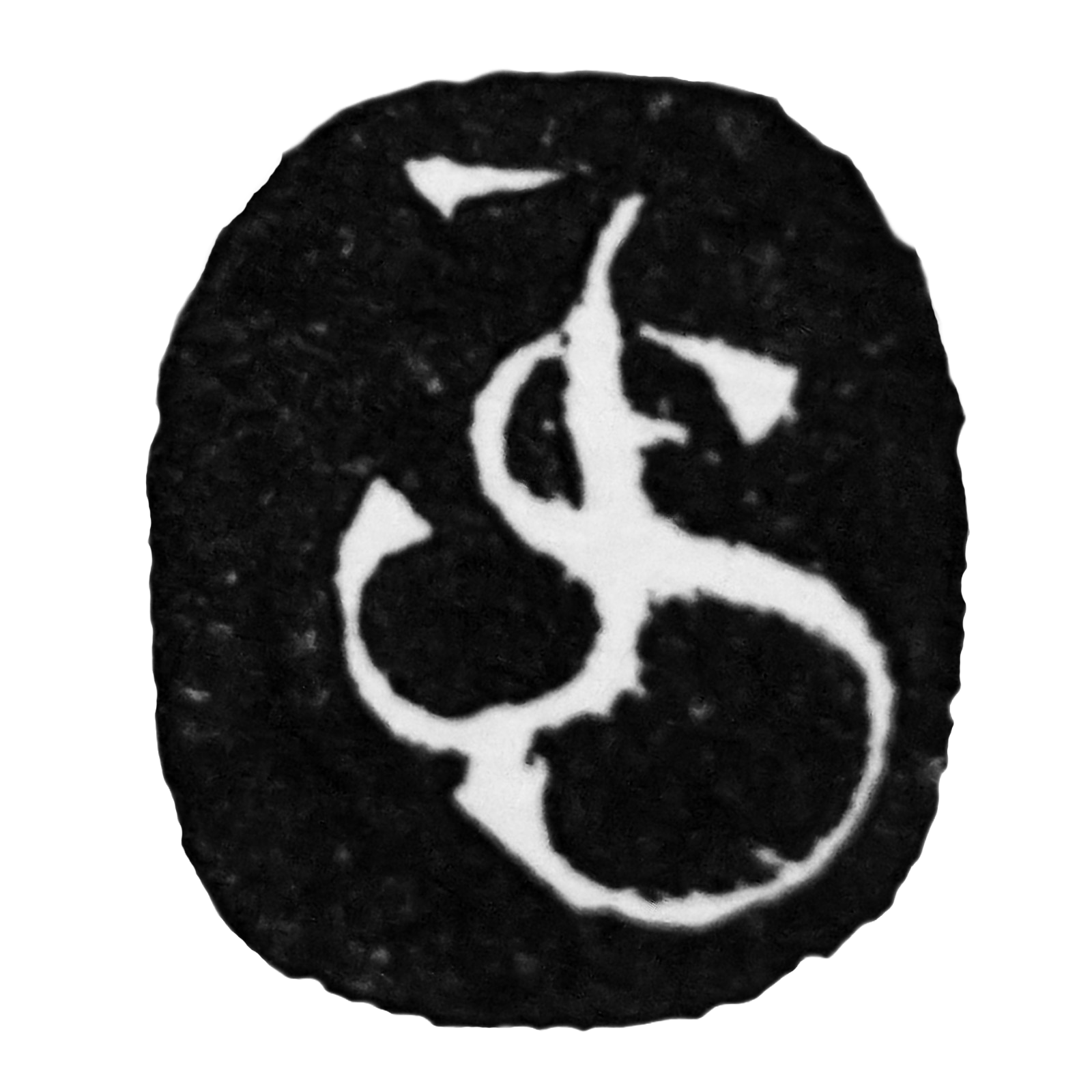 Black circular seal with white stylized dollar sign symbol in the center.
