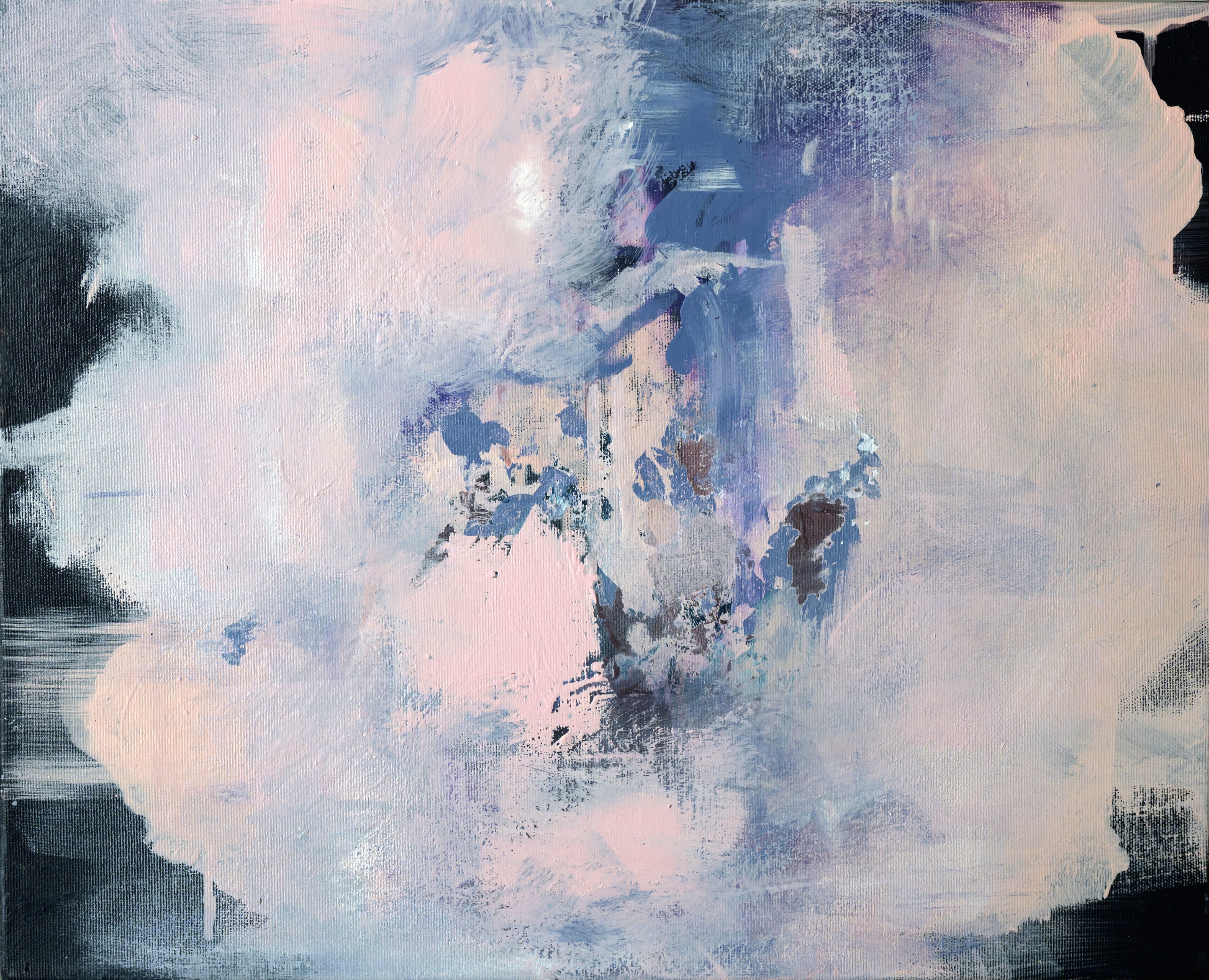 Abstract painting with layered pastel shades of pink, blue, and purple on textured canvas.