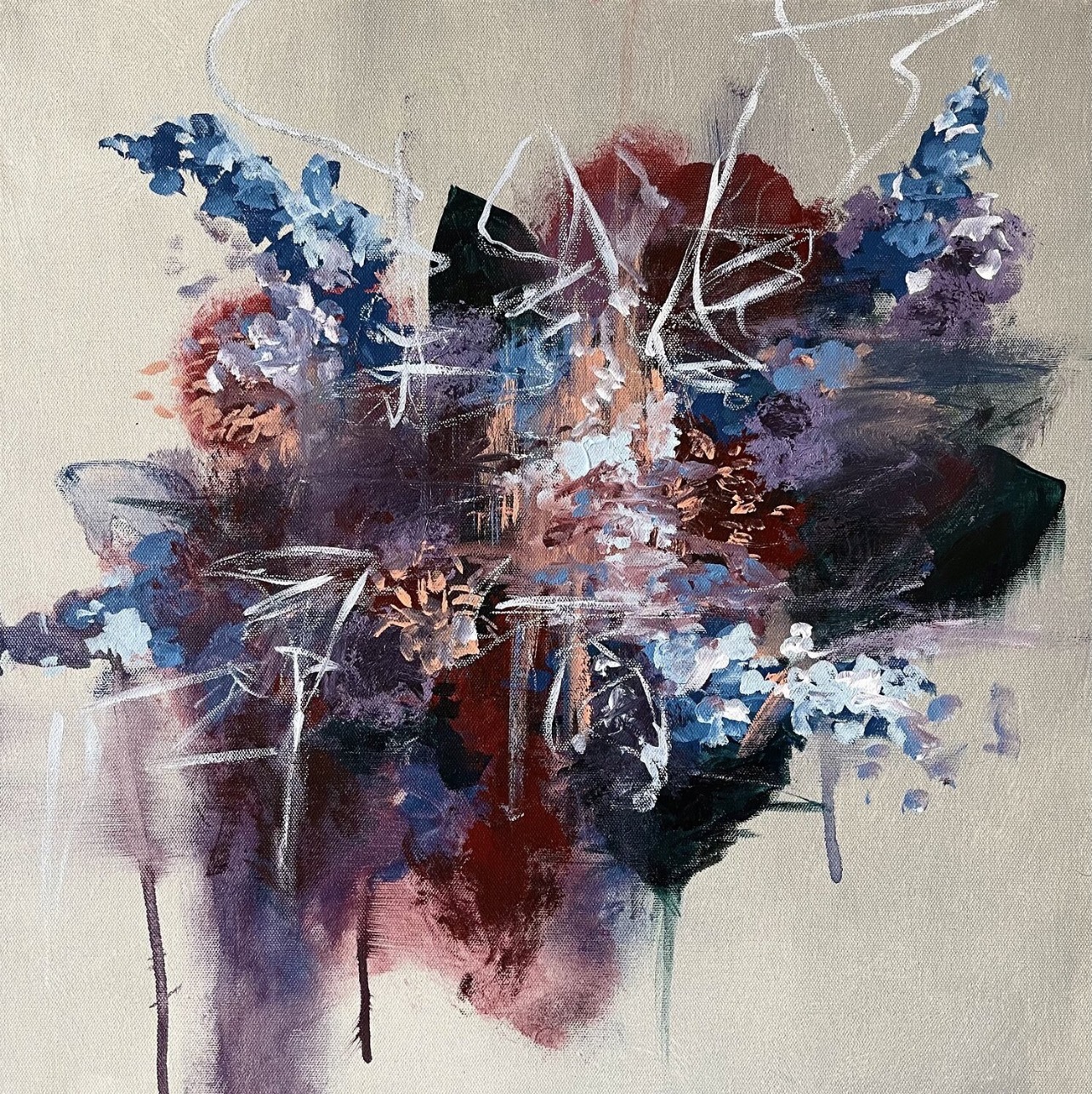 Abstract painting of a floral bouquet with blue, purple, red, and white brushstrokes on beige canvas.