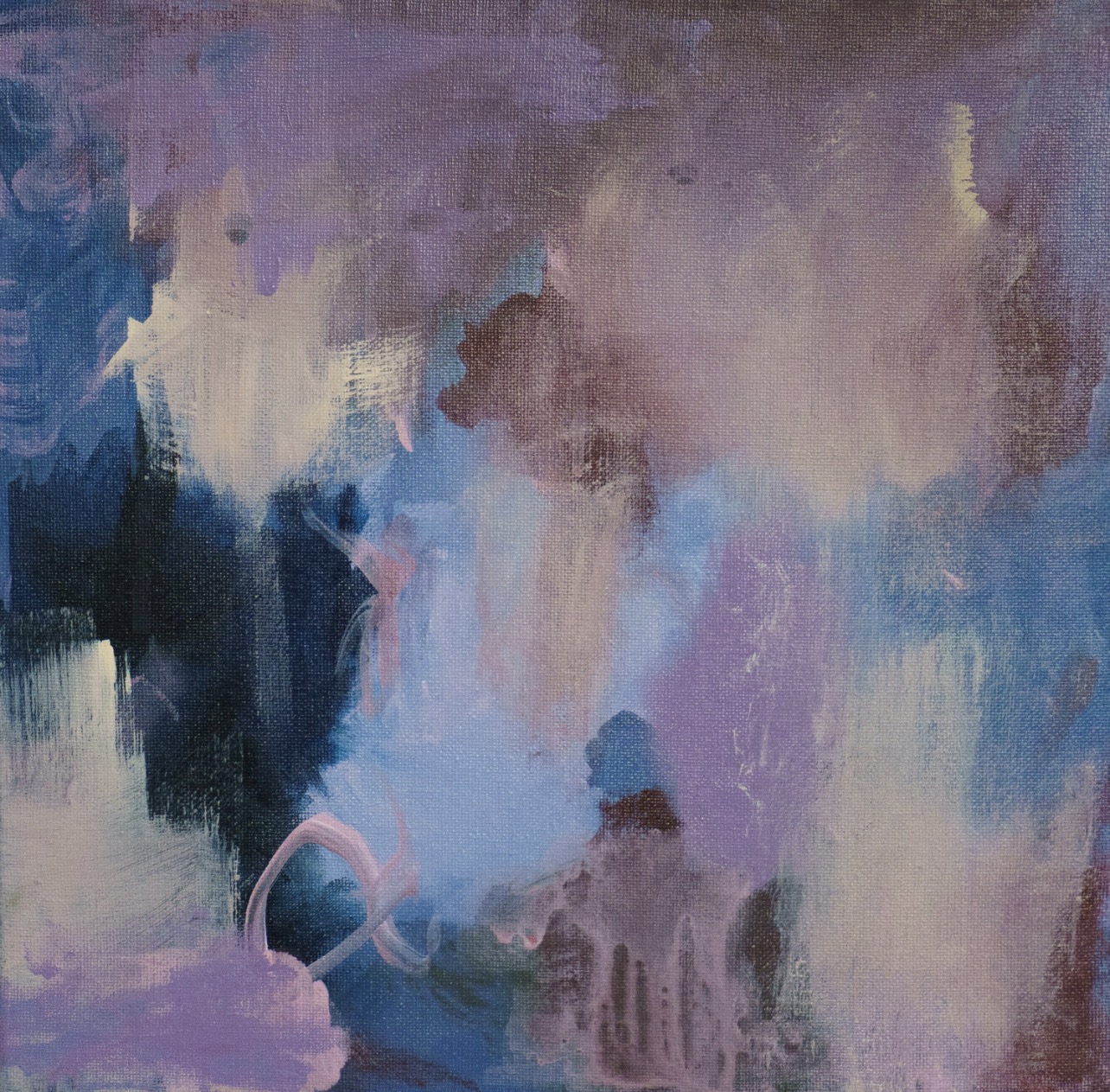 Abstract painting with blended purple, blue, white, and black brushstrokes on canvas.
