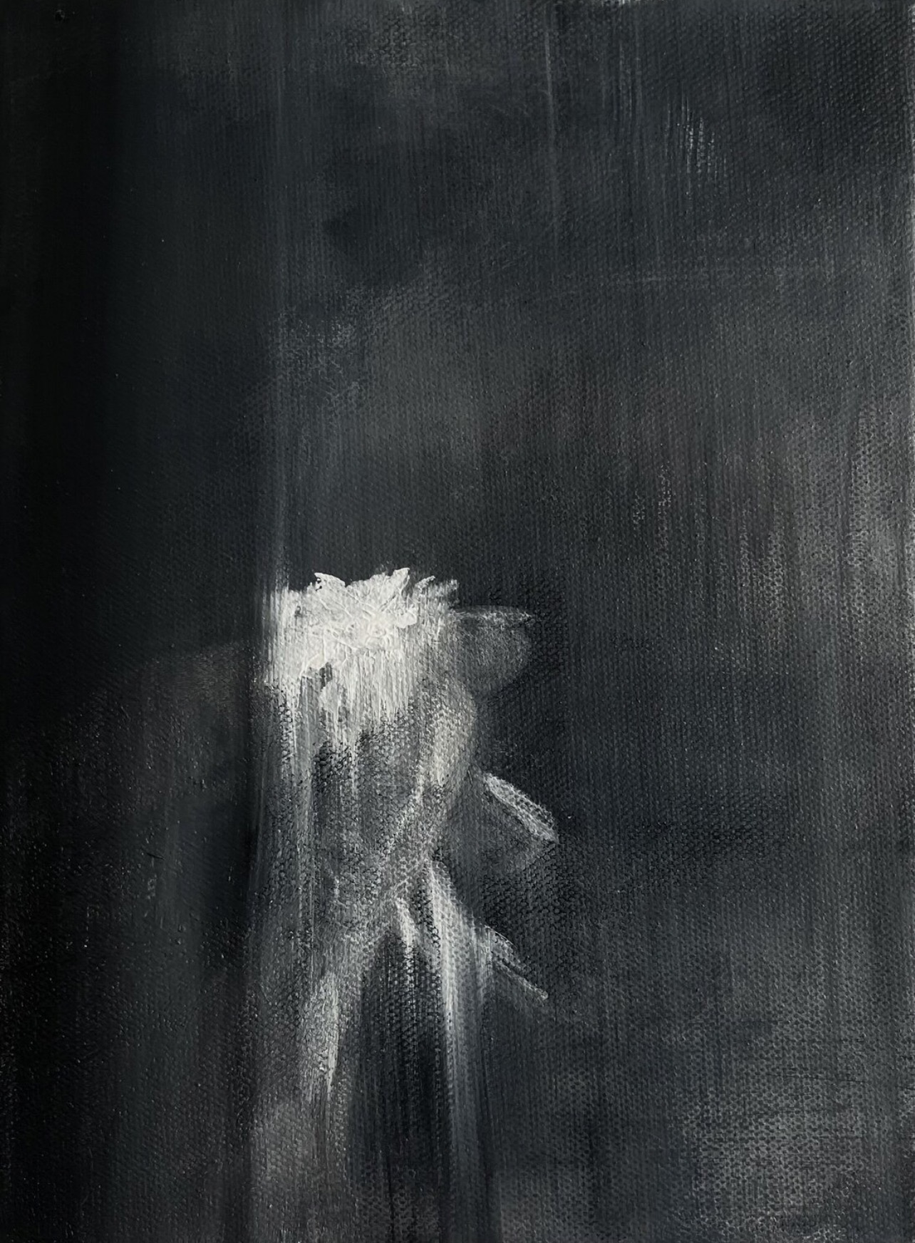 Black and white abstract painting with a faint white flower-like shape in the center.