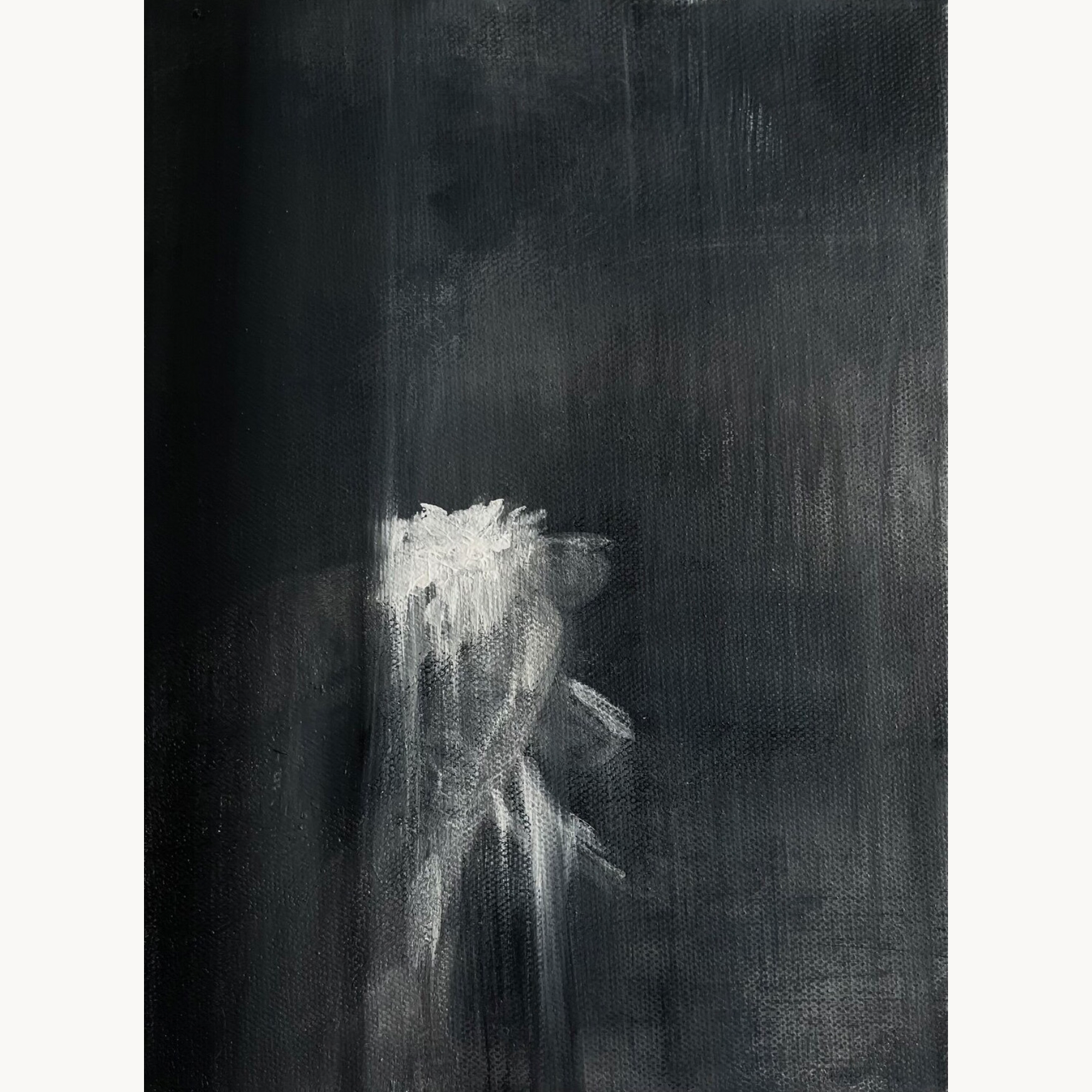 Abstract black painting with white, wispy, vertical brush strokes near center.