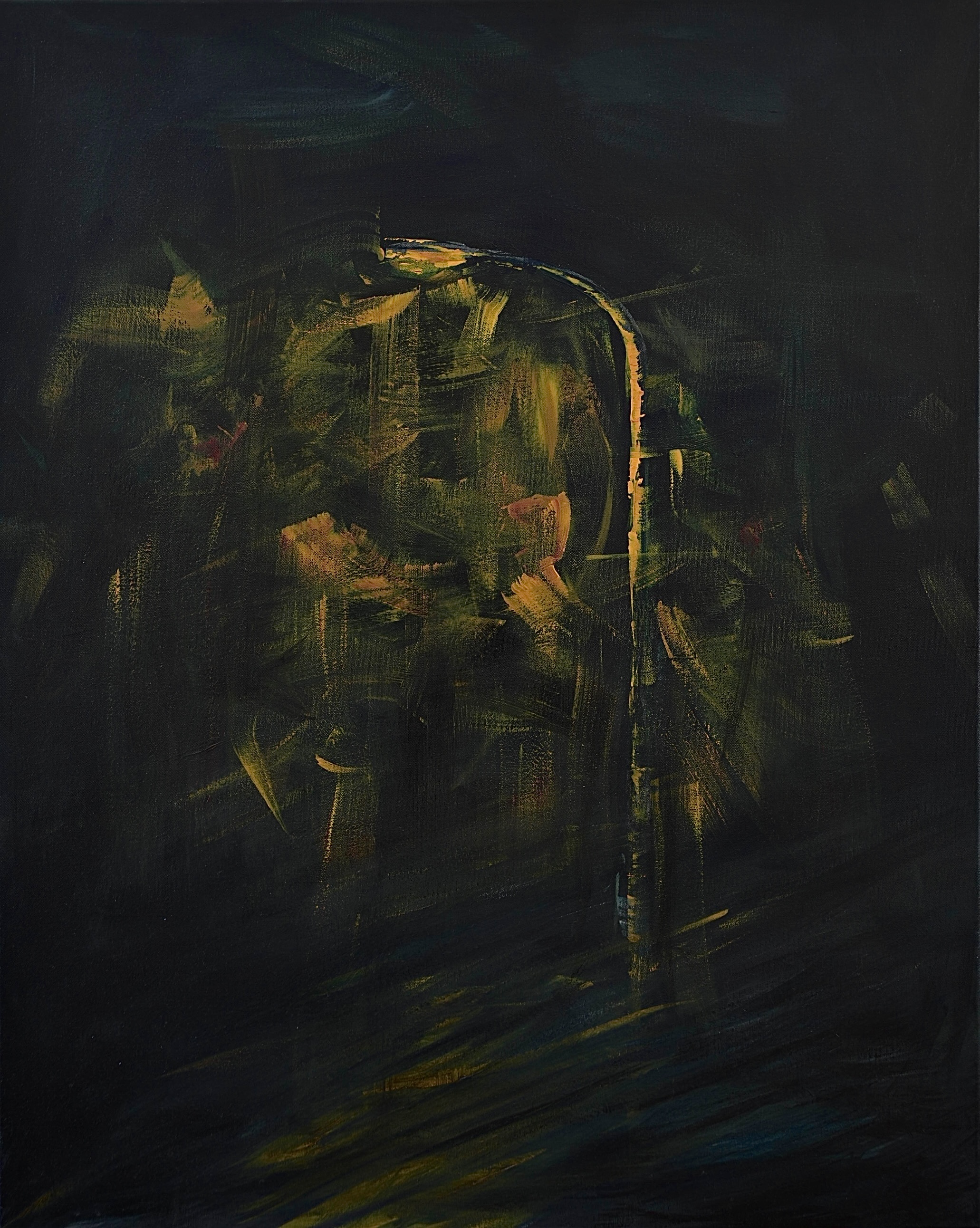 Abstract dark painting with yellow and orange light strokes forming a loose arch shape.