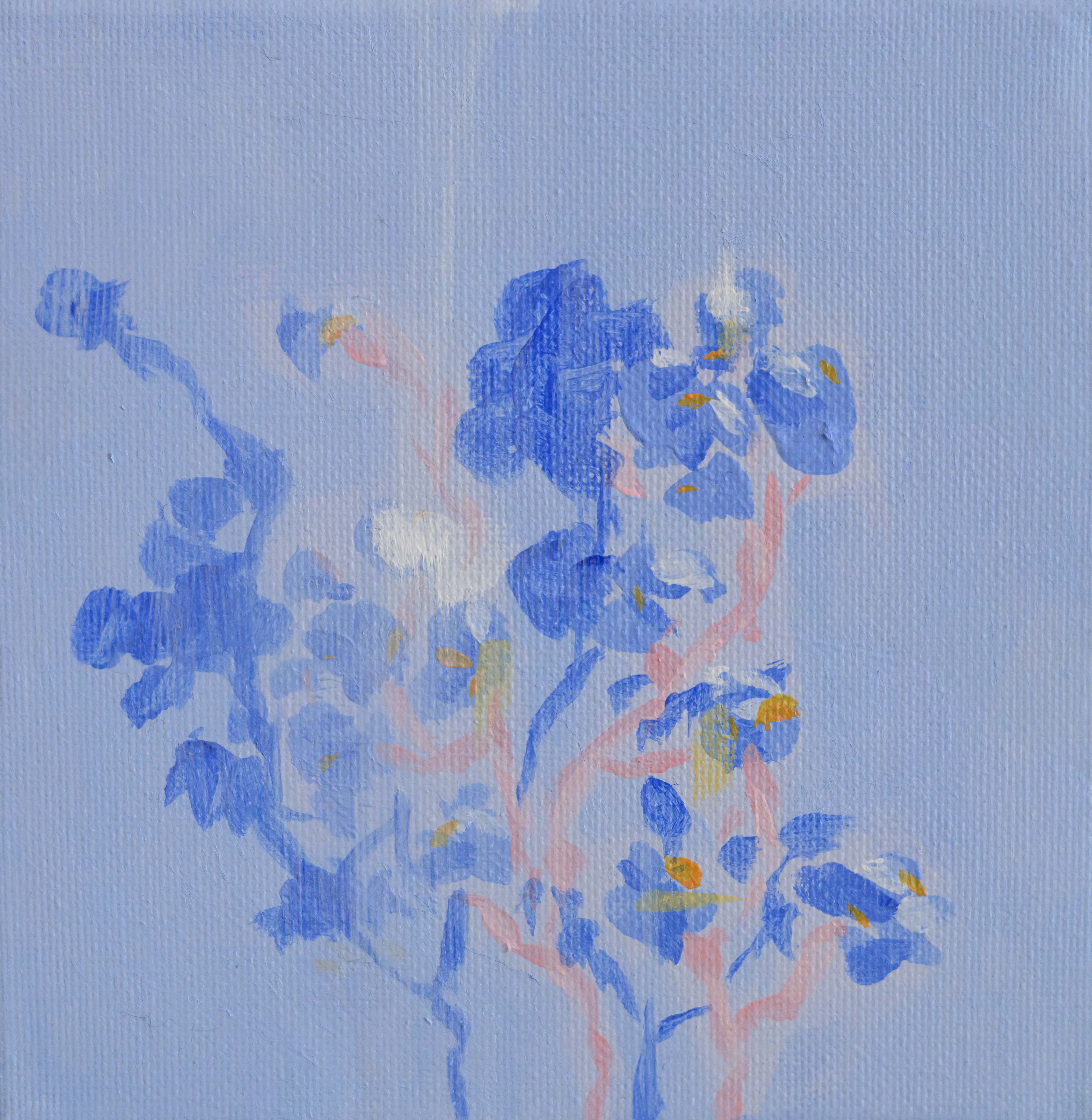 Abstract blue flowers with yellow centers and pink stems on a light blue canvas background.