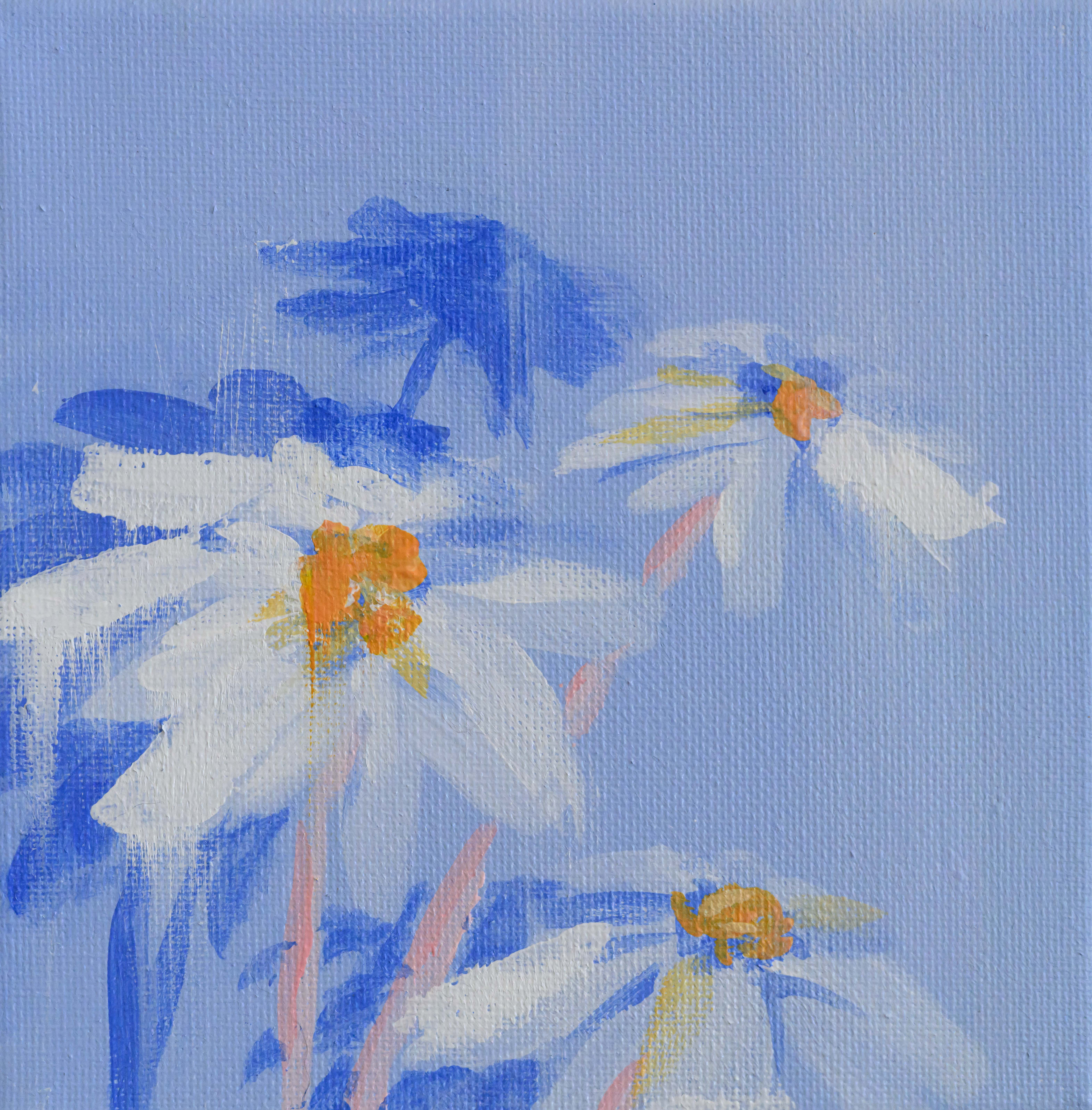 Painting of white daisies with orange centers on a blue background with blue and pink brush strokes.