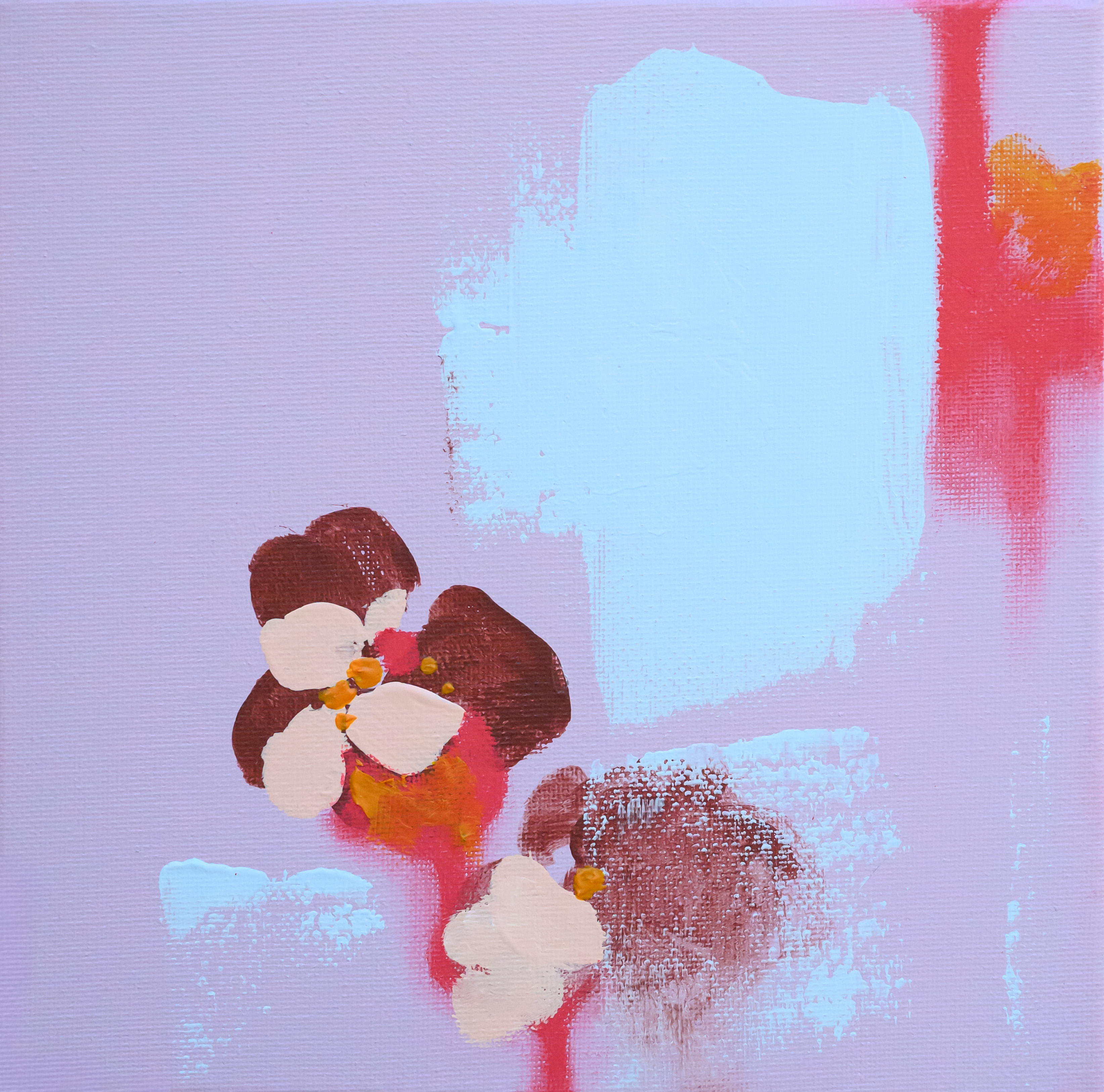 Abstract painting with brown flowers and blue and red paint patches on a lavender background.