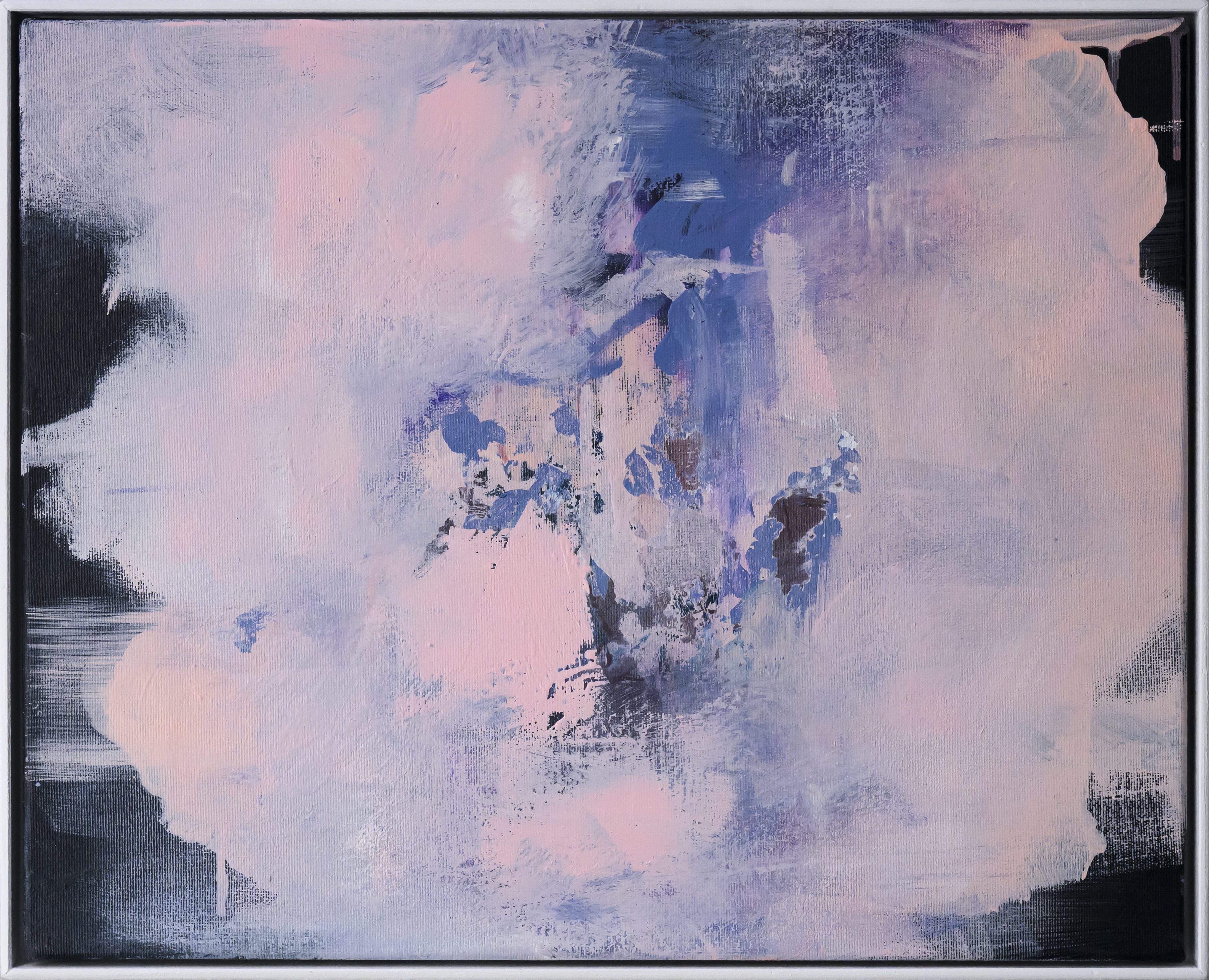 Abstract painting with soft pink, lavender, and blue brushstrokes on a dark background.